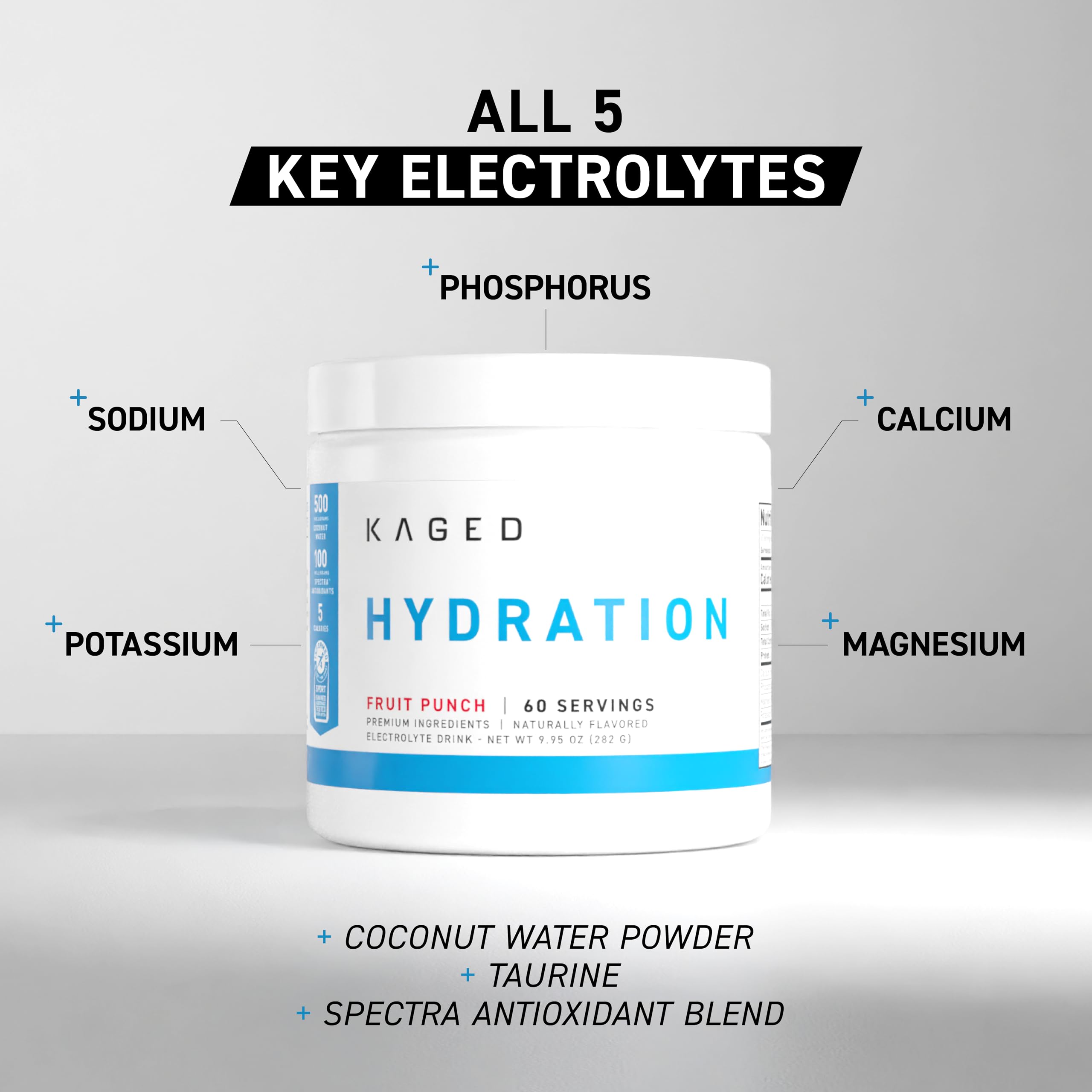 Kaged Daily Hydration, bote 60 porciones, conveniente para sesiones de entrenamiento.