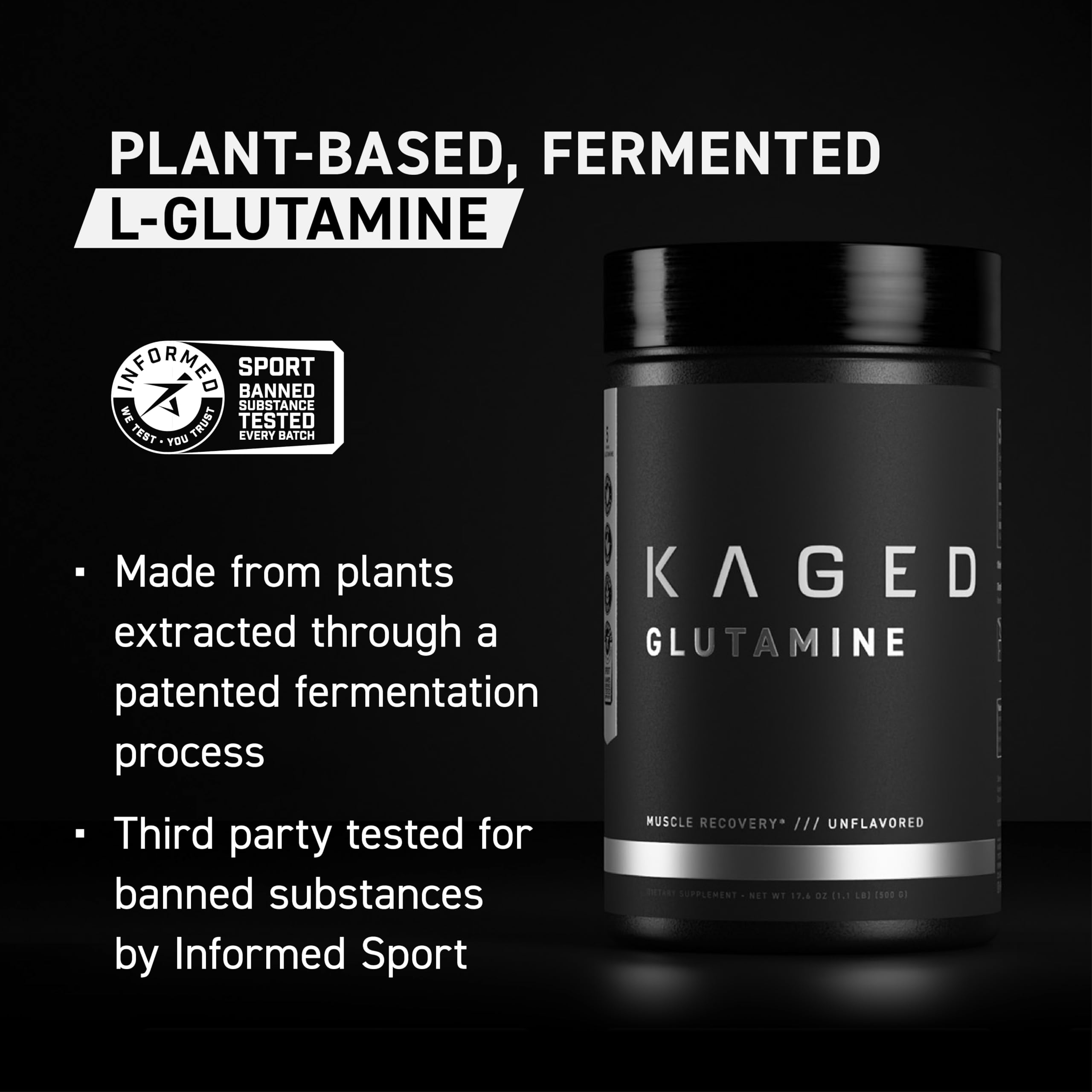 Kaged Glutamina, cuchara medida junto a bote, facilita dosis diarias para entrenamiento