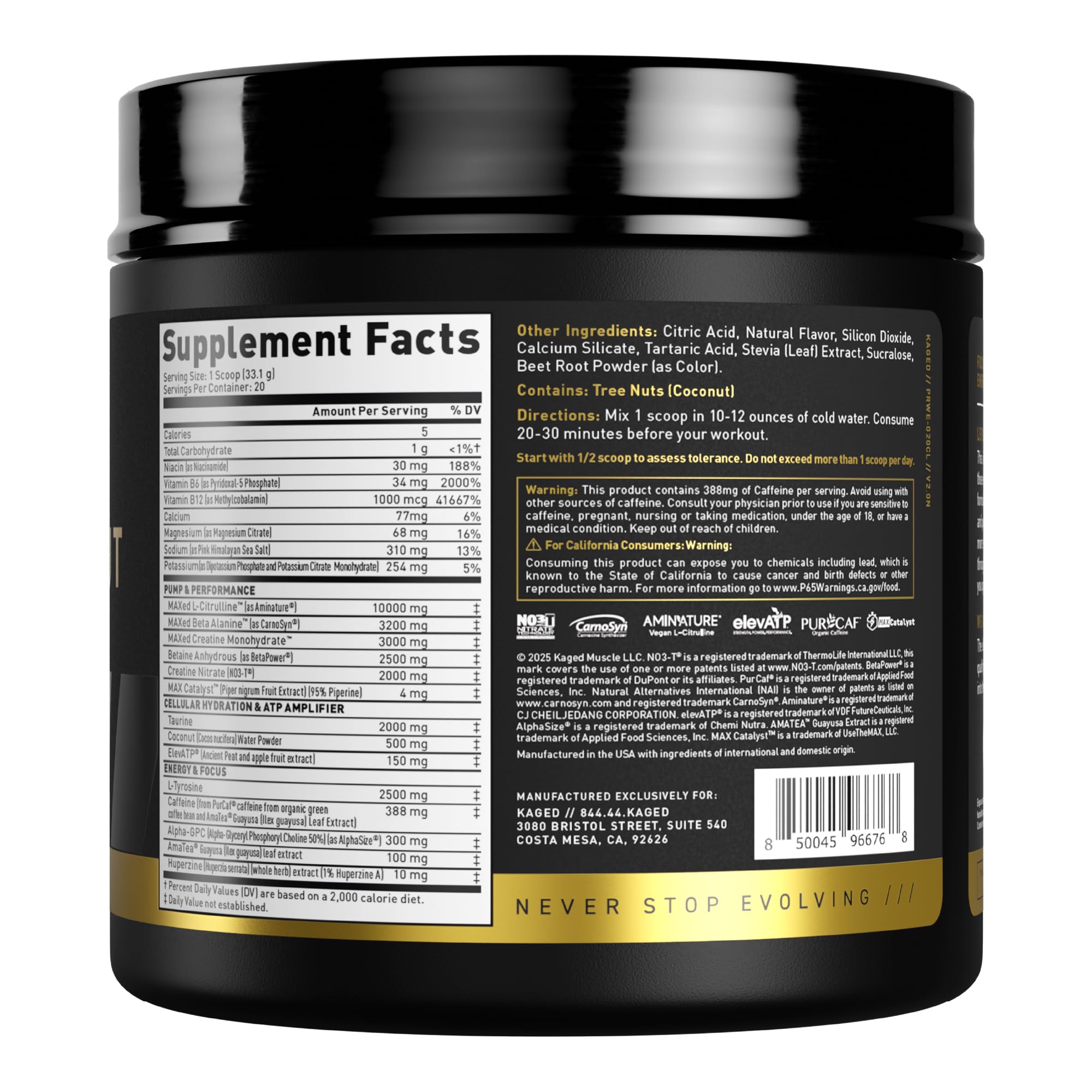 Kaged Pre Entrenamiento Elite sin estimulantes, embalaje original, garantiza calidad y frescura