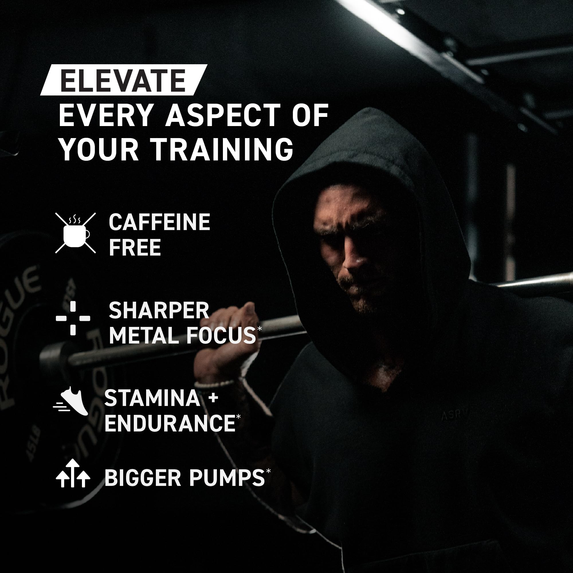 Kaged Pre Entrenamiento Elite sin estimulantes, primer plano de ingredientes clave como citrulina, para bombeos