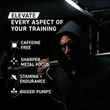 Kaged Pre Entrenamiento Elite sin estimulantes, primer plano de ingredientes clave como citrulina, para bombeos