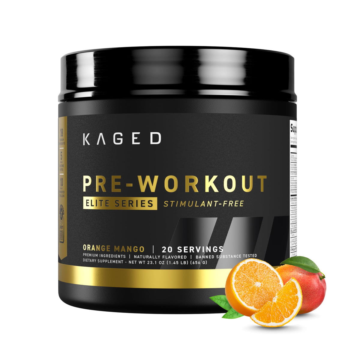 Kaged Pre-entrenamiento Elite sin estimulantes Naranja Mango en empaque