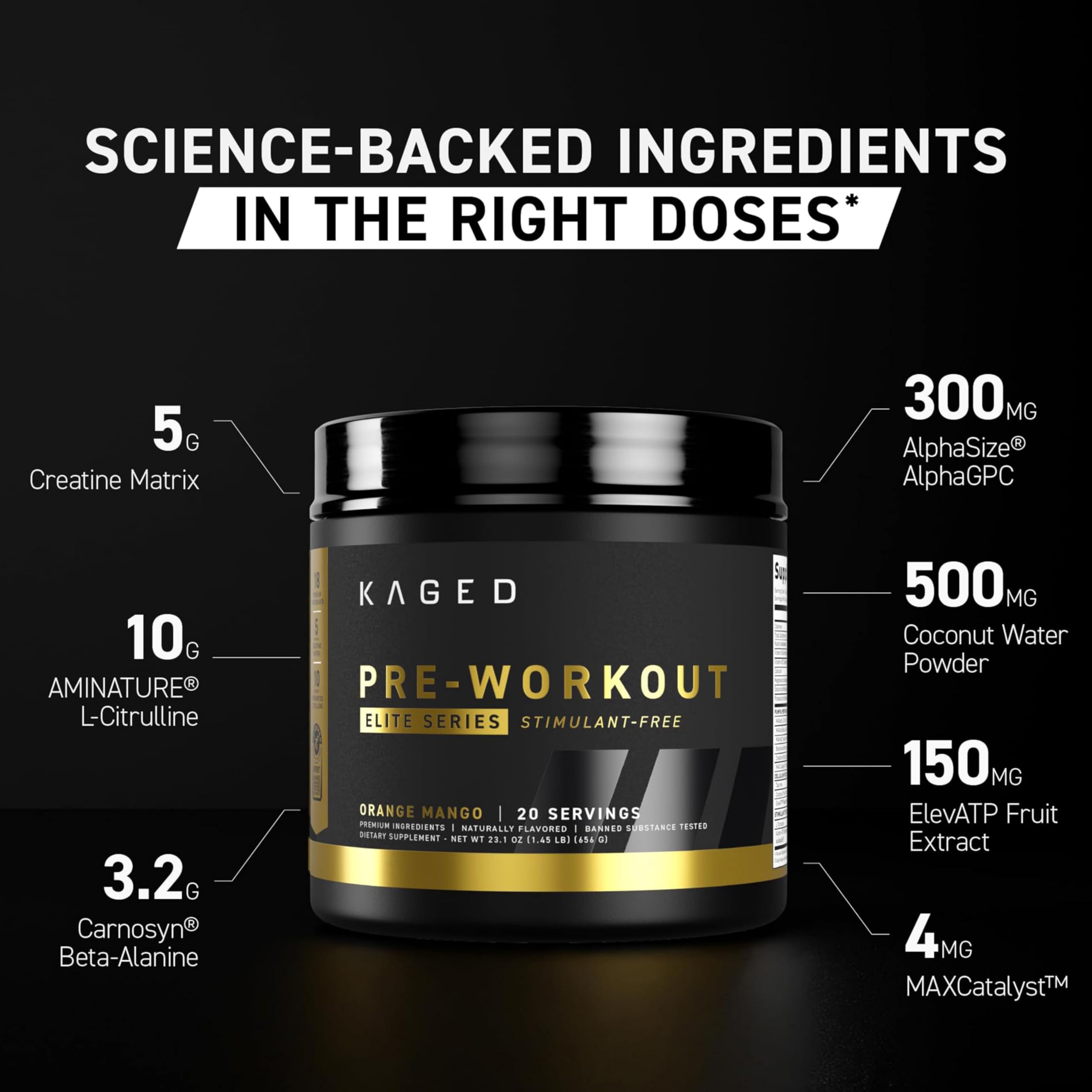 Kaged Pre-entrenamiento Elite sin estimulantes Naranja Mango en lata