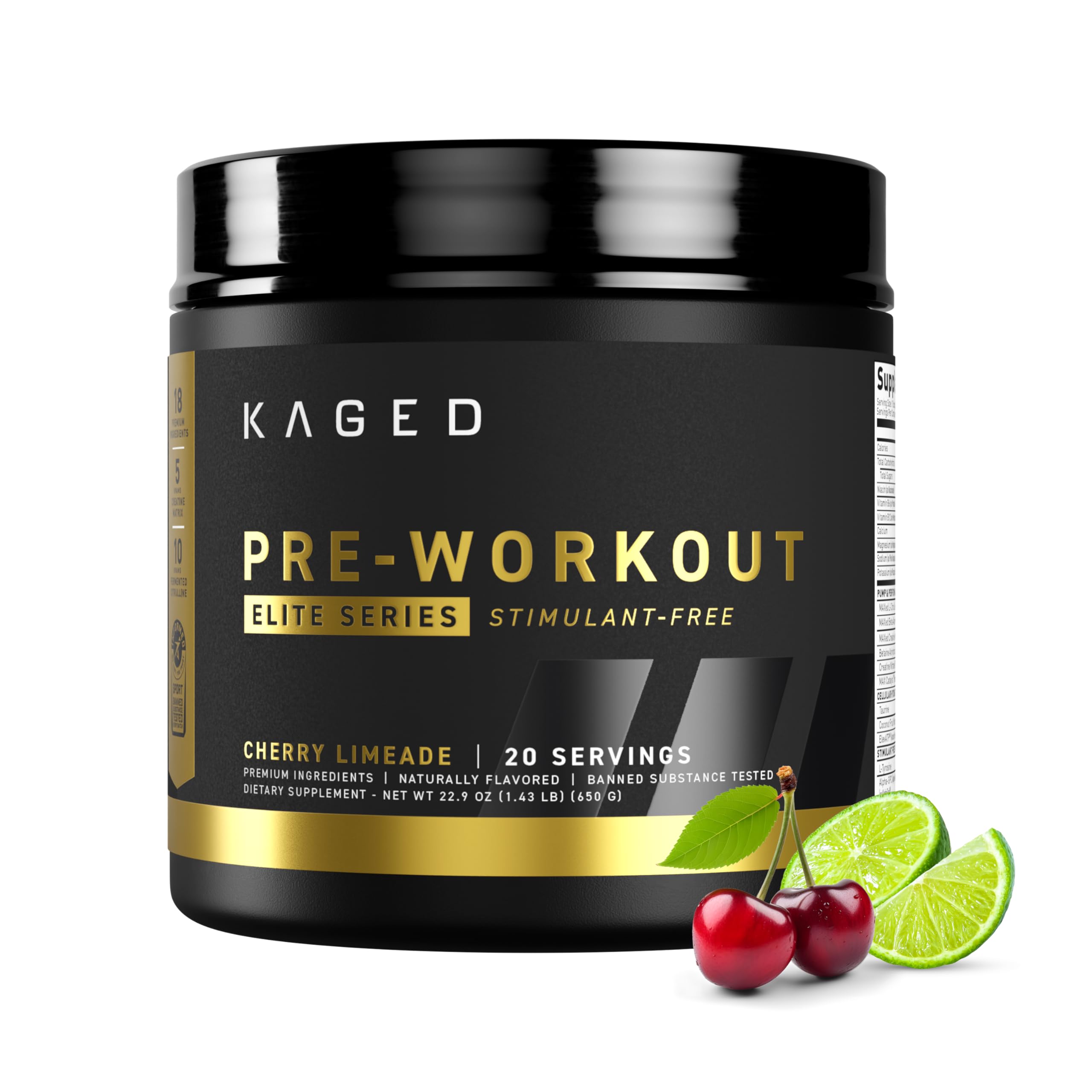 Kaged Pre Entrenamiento Elite sin estimulantes, polvo sabor Cereza Lima; ideal para entrenamientos nocturnos