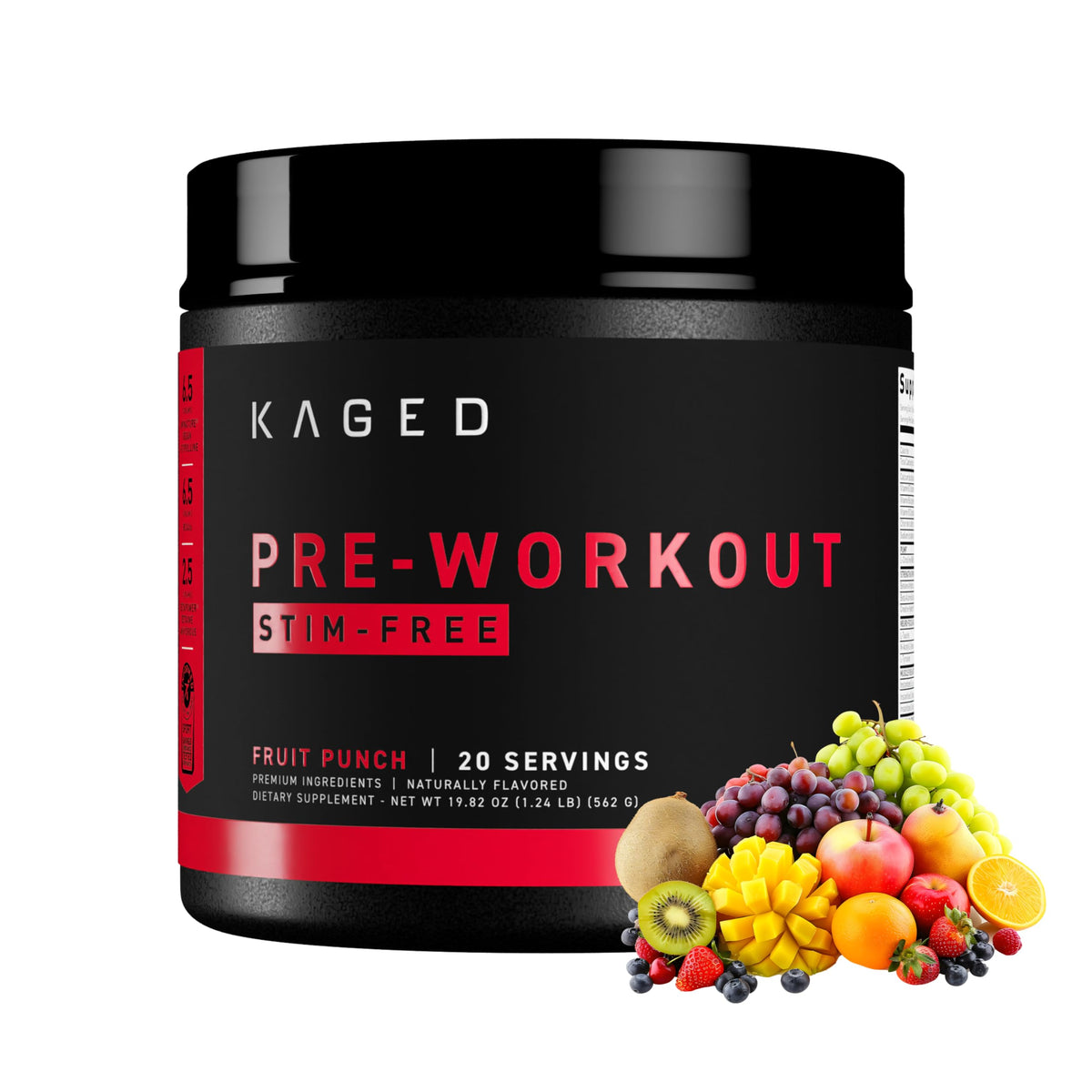 Kaged Fruta Punch en bote, diseño limpio para pre-entrenamiento sin estimulantes.
