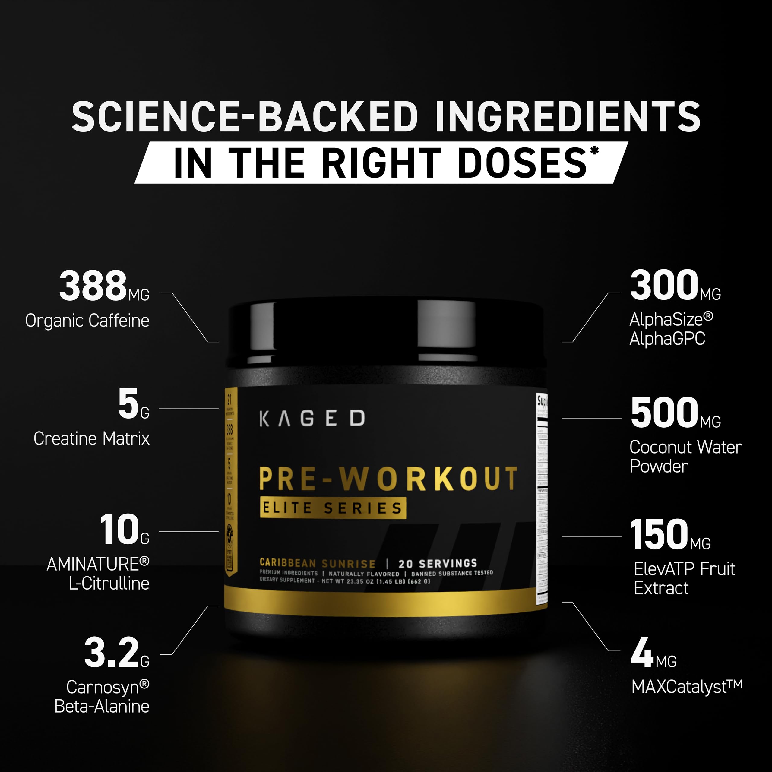 Kaged Pre-Workout Elite, cucharada medidora para dosis precisa antes de entrenar.