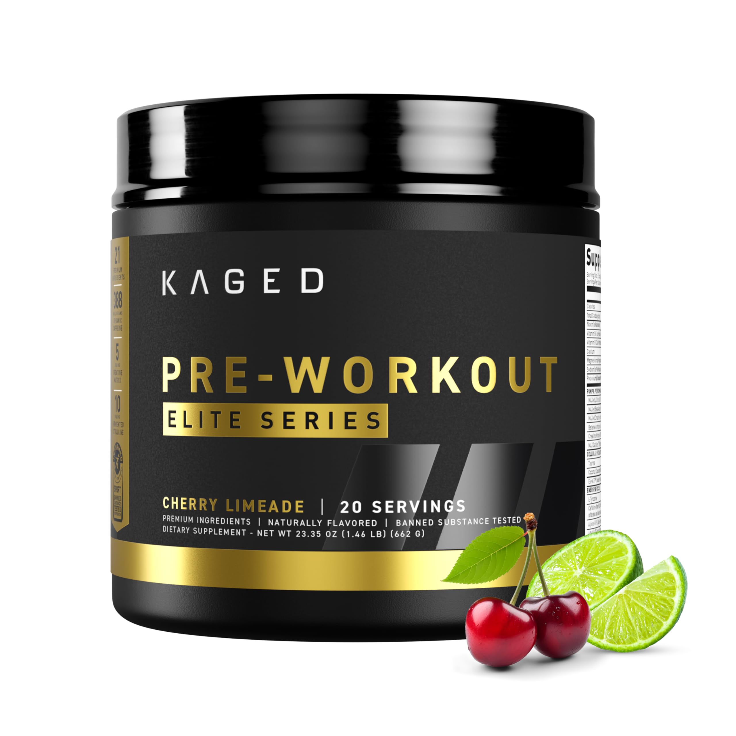 Kaged Pre-Workout Elite, etiqueta de lata para energía sostenida durante entrenamientos intensos.