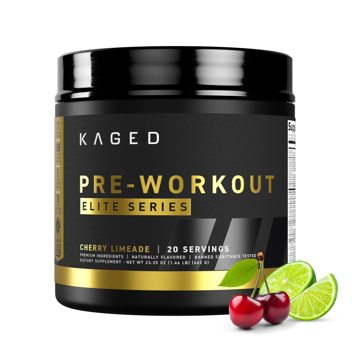 Kaged Pre-Workout Elite, etiqueta de lata para energía sostenida durante entrenamientos intensos.