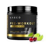 Kaged Pre-Workout Elite, etiqueta de lata para energía sostenida durante entrenamientos intensos.