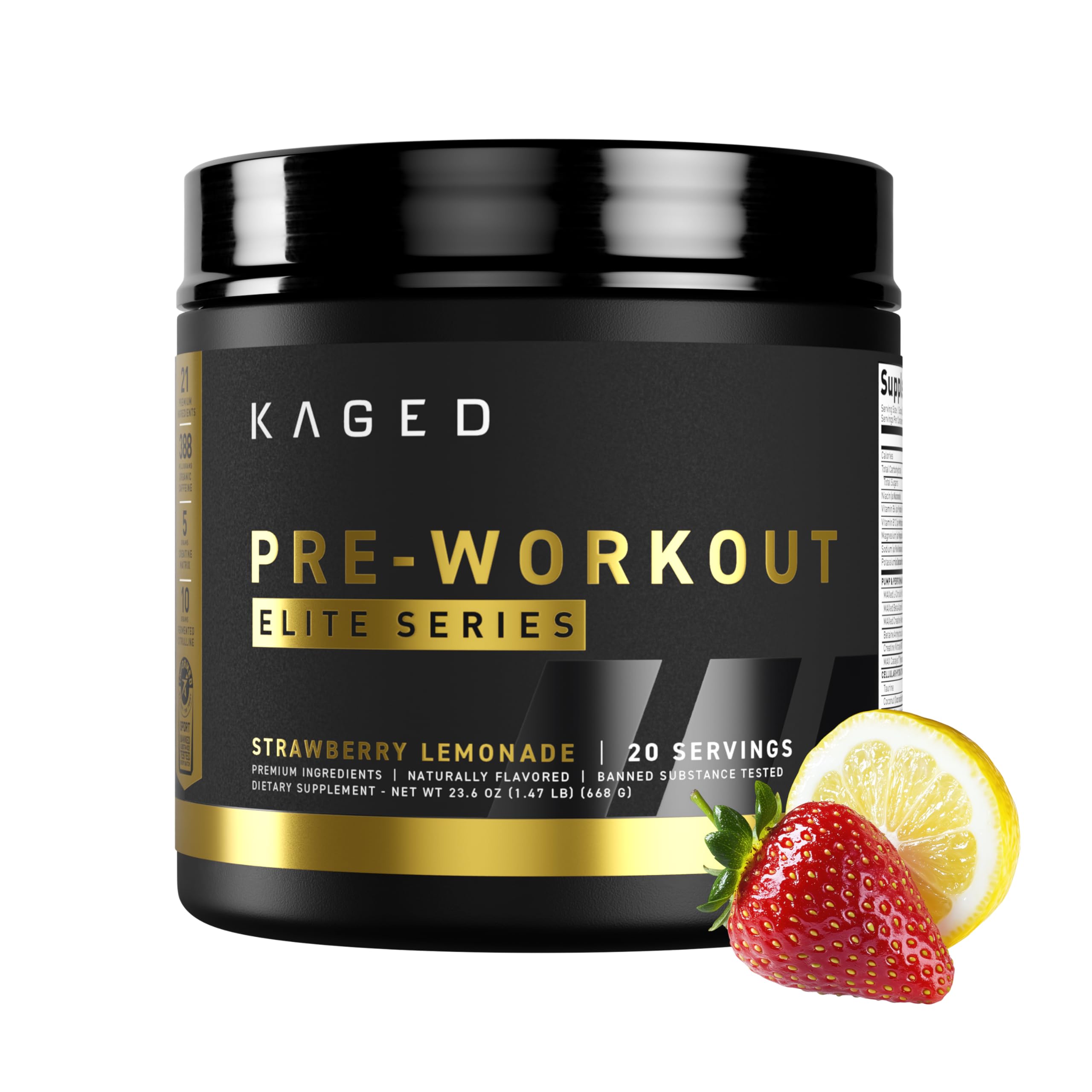 Kaged Pre Workout Elite, polvo fresa limón, energía limpia para entrenamientos intensos.