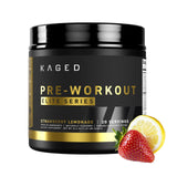 Kaged Pre Workout Elite, polvo fresa limón, energía limpia para entrenamientos intensos.
