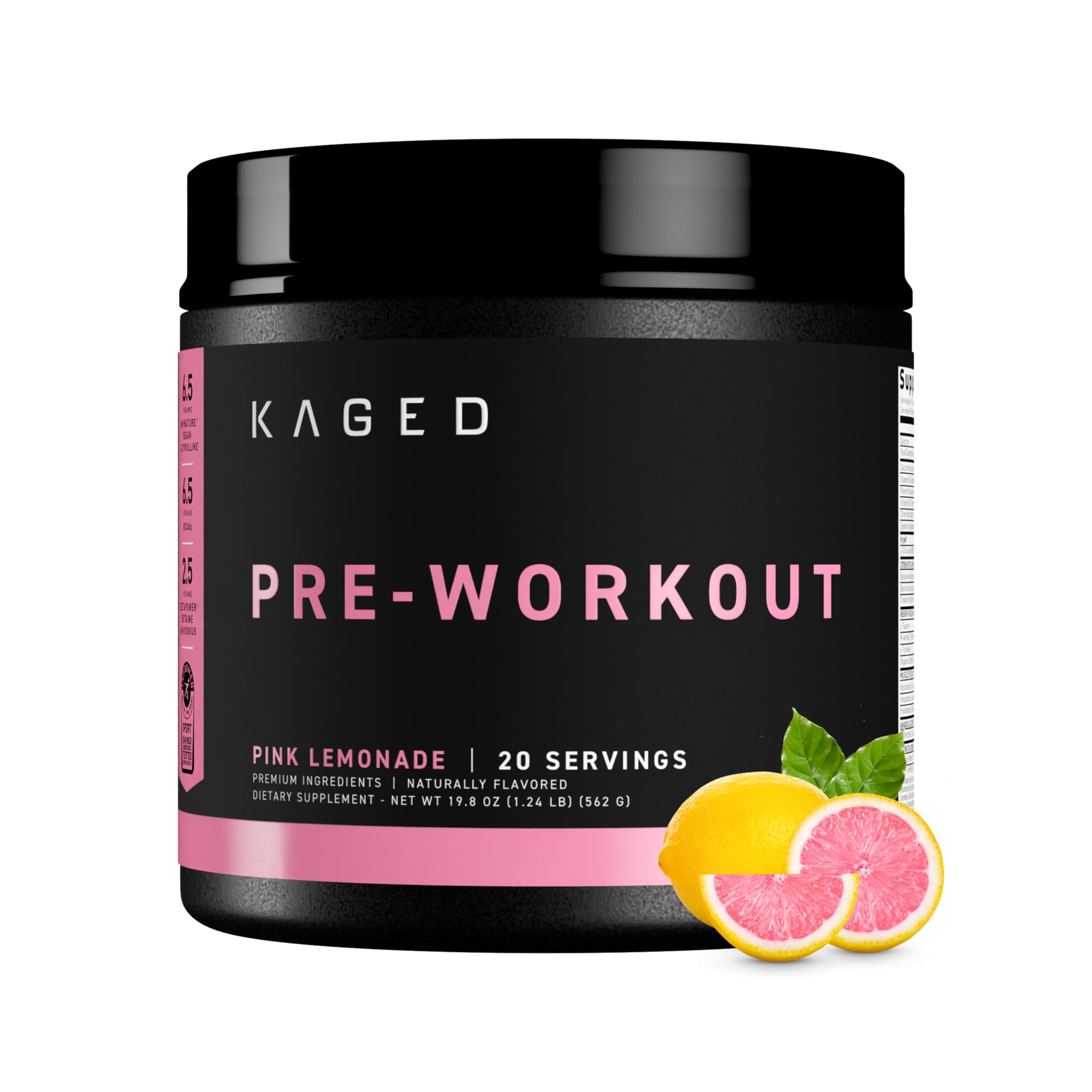 Kaged Preentrenamiento sabor limón rosado en lata para energía enfocada durante entrenamientos.