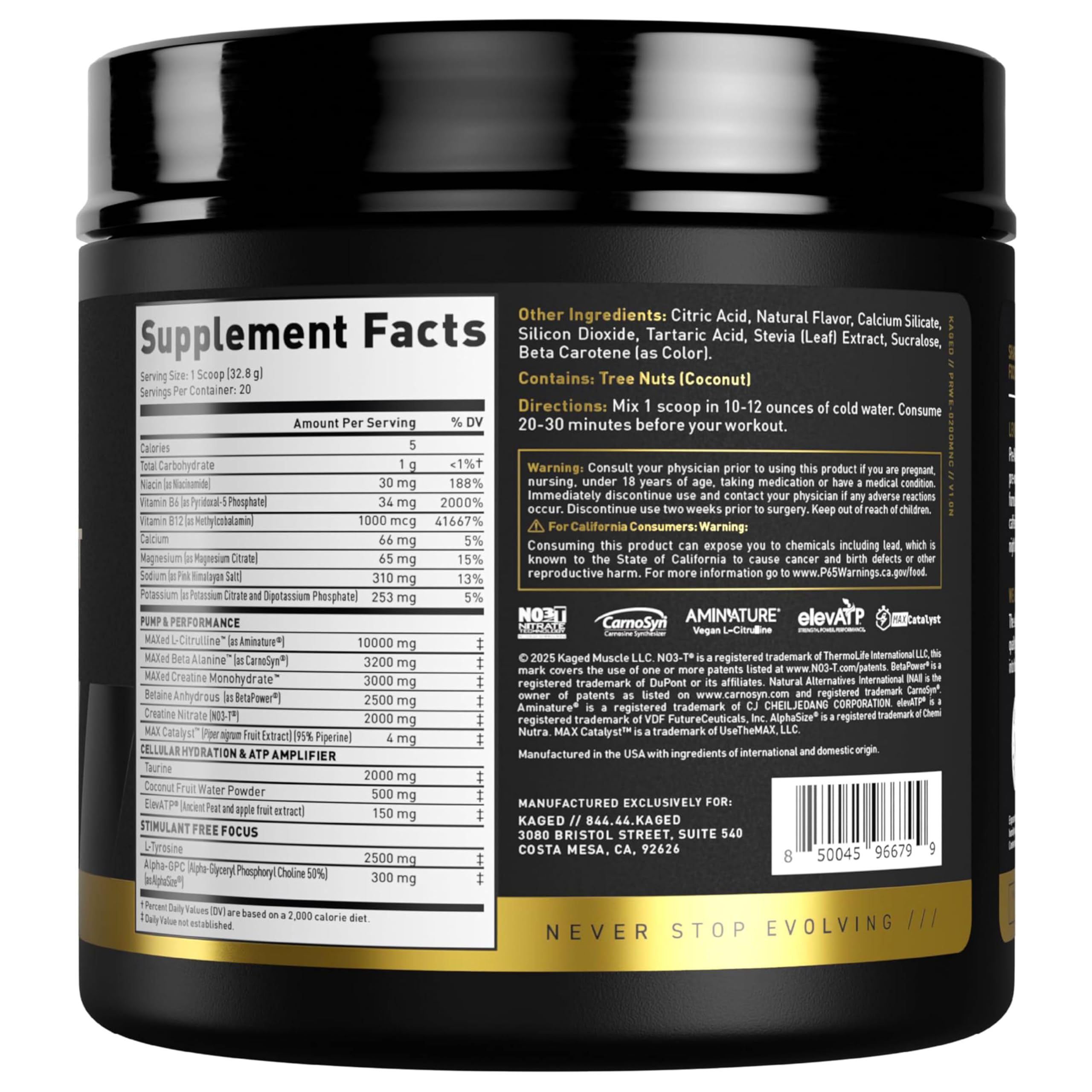 Pre-entrenamiento Kaged Naranja Mango sin cafeína para entrenos nocturnos
