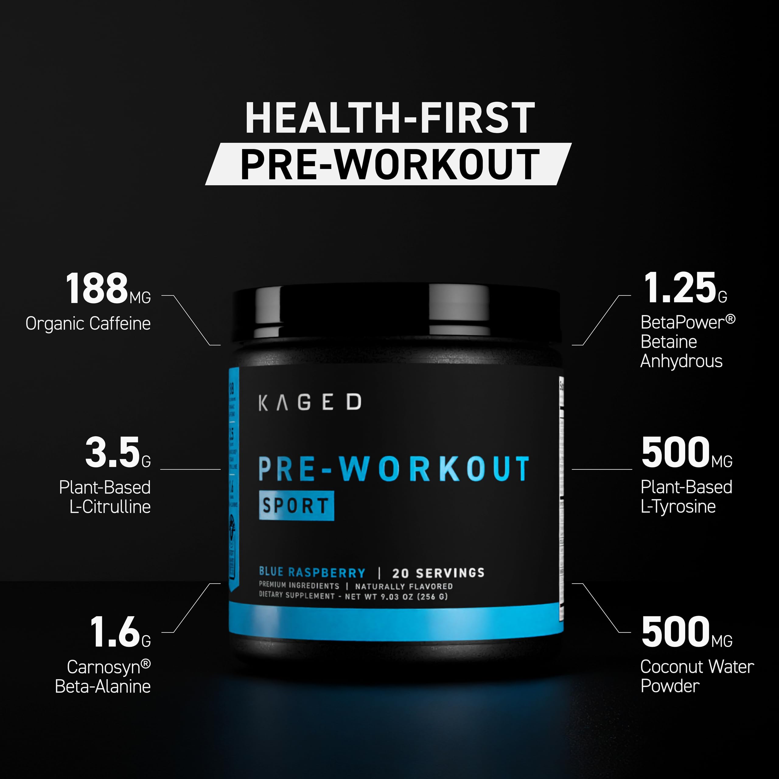 Kaged Sport Pre-Entrenamiento, etiqueta frontal, información clara para Fruta Punch