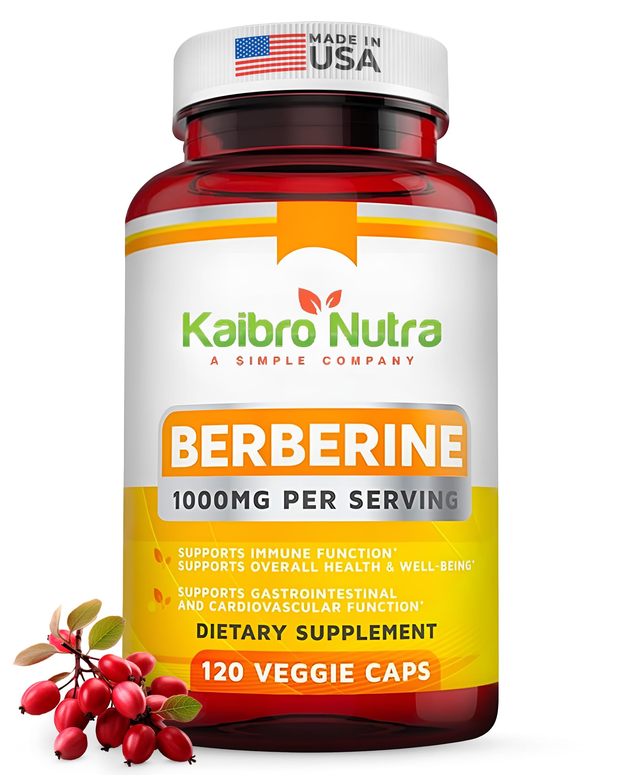 Kaibro Nutra Berberina 1000mg - botella visible, potencia y pureza para apoyo general.
