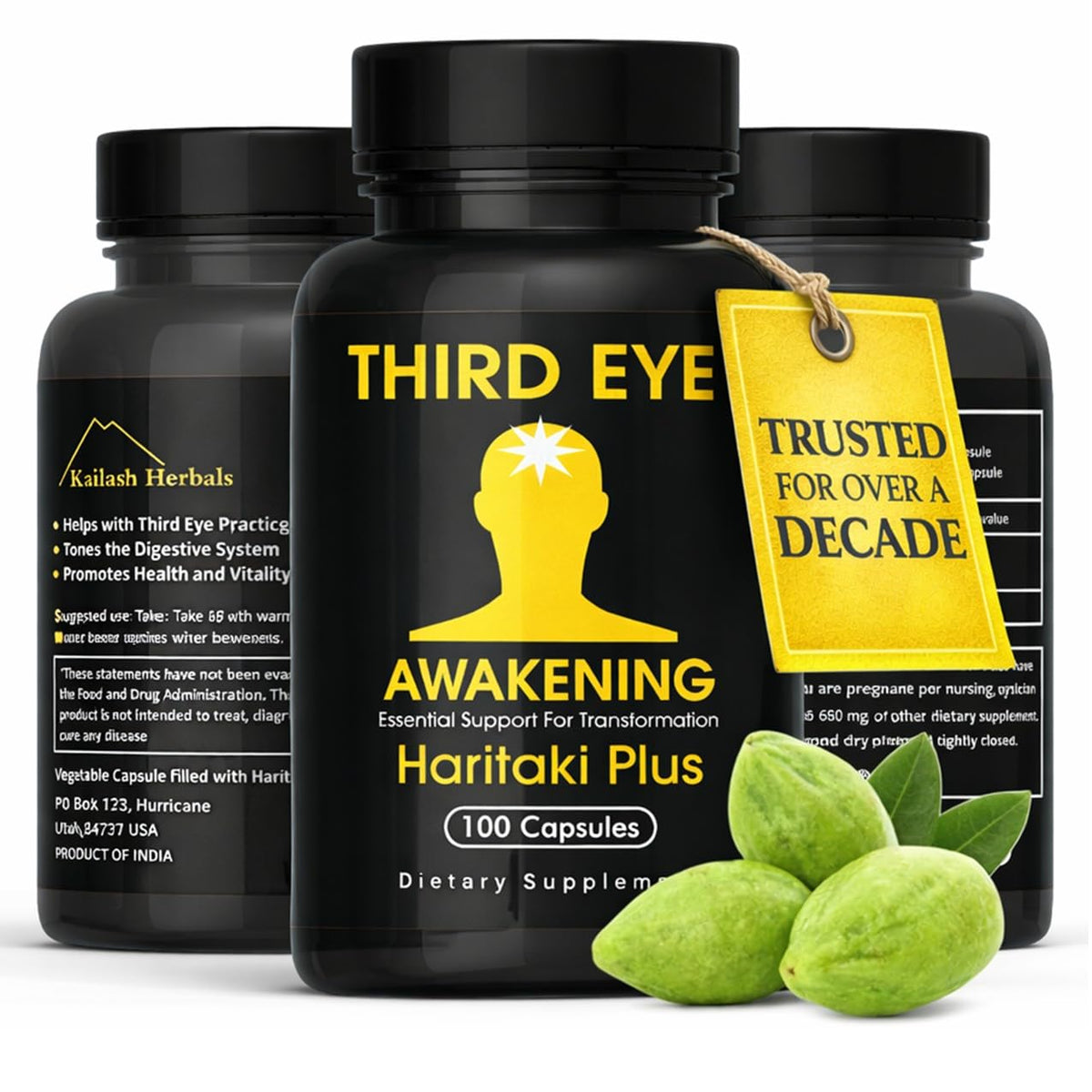 Kailash Herbals Despertar del Tercer Ojo: botella con cápsulas para claridad mental.