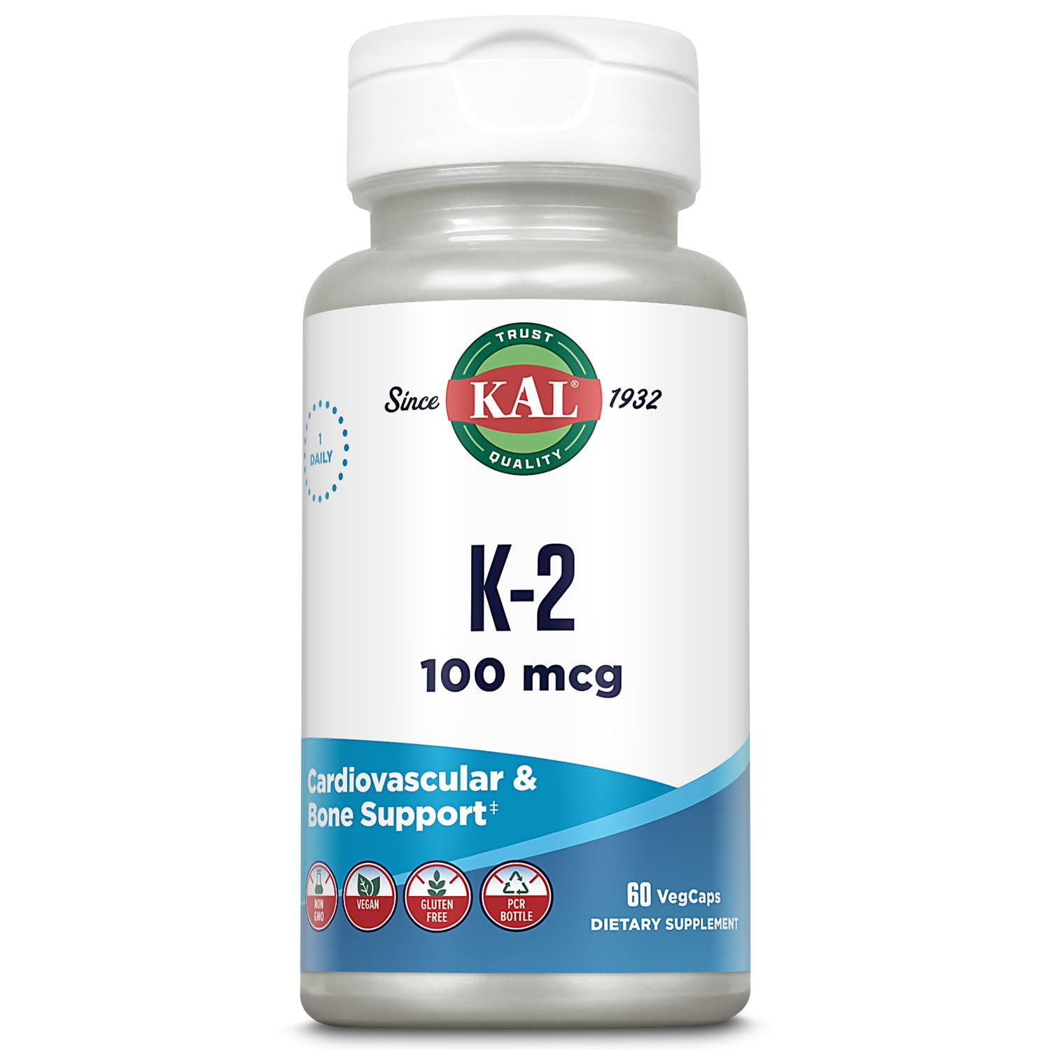 Kal 100 mcg K2 Mk-7, envase de tabletas, promueve soporte óseo y salud cardiovascular.