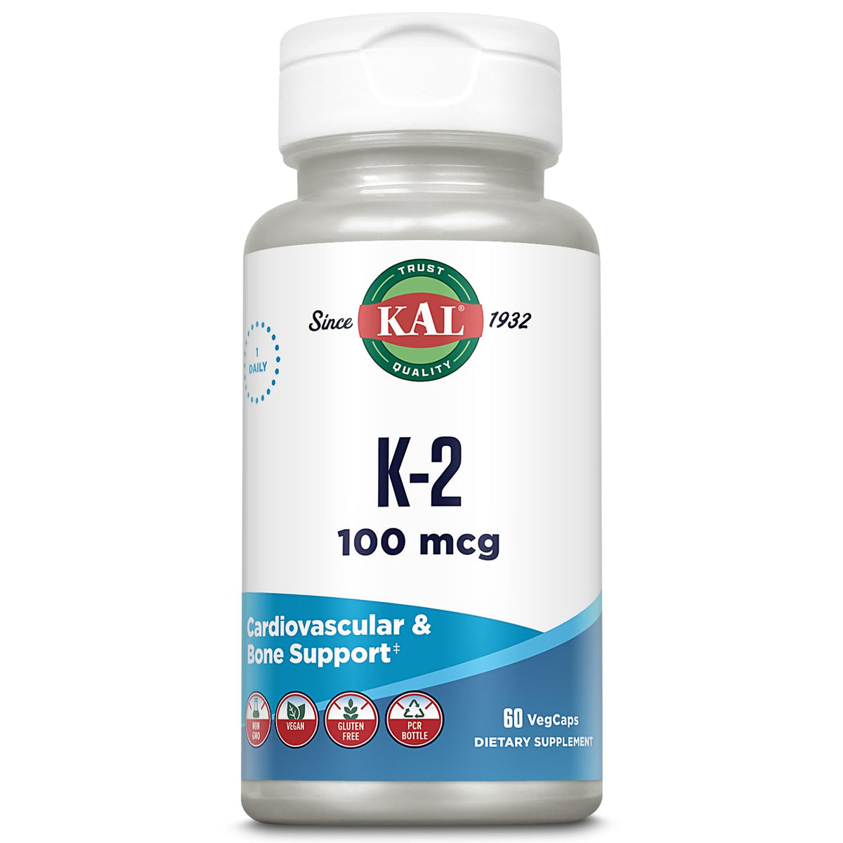 Kal 100 mcg K2 Mk-7, envase de tabletas, promueve soporte óseo y salud cardiovascular.