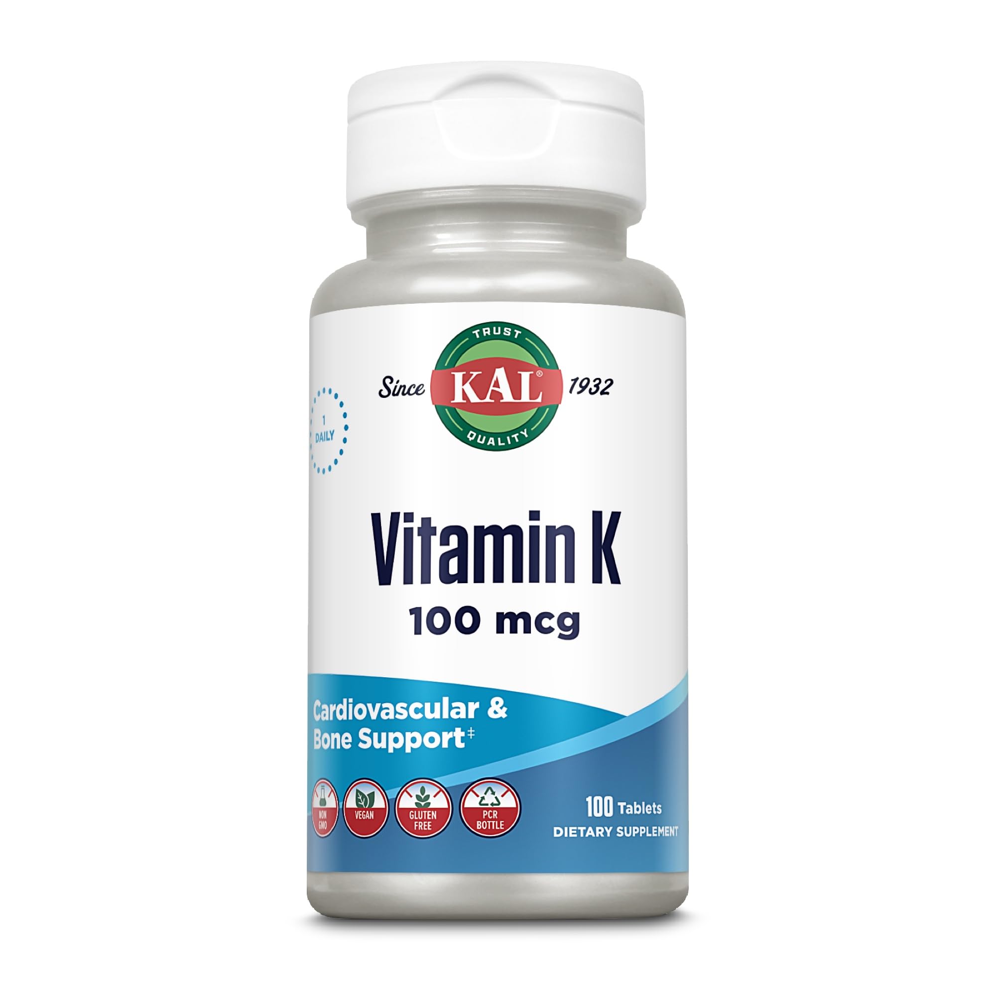 KAL 100 mcg K1, botella vertiendo tabletas, uso práctico diario