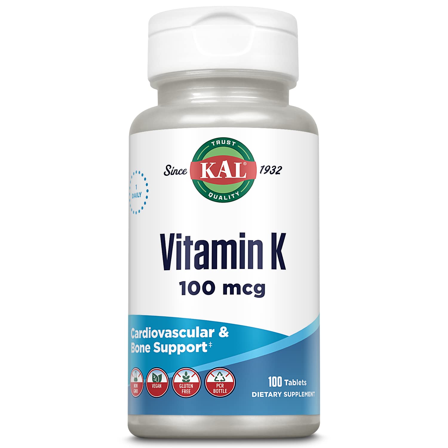 KAL 100 mcg K1, empaque frontal, apoyo al bienestar diario para estilo de vida activo