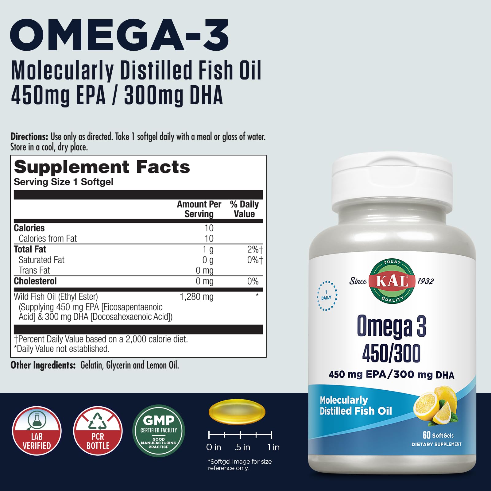 KAL 450/300 Omega 3 limón frasco con cápsulas para apoyo diario