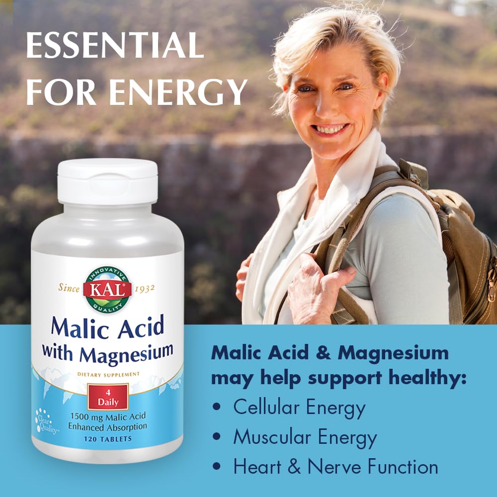 KAL ácido malico con magnesio, botella destacada, complemento de energía para músculos.