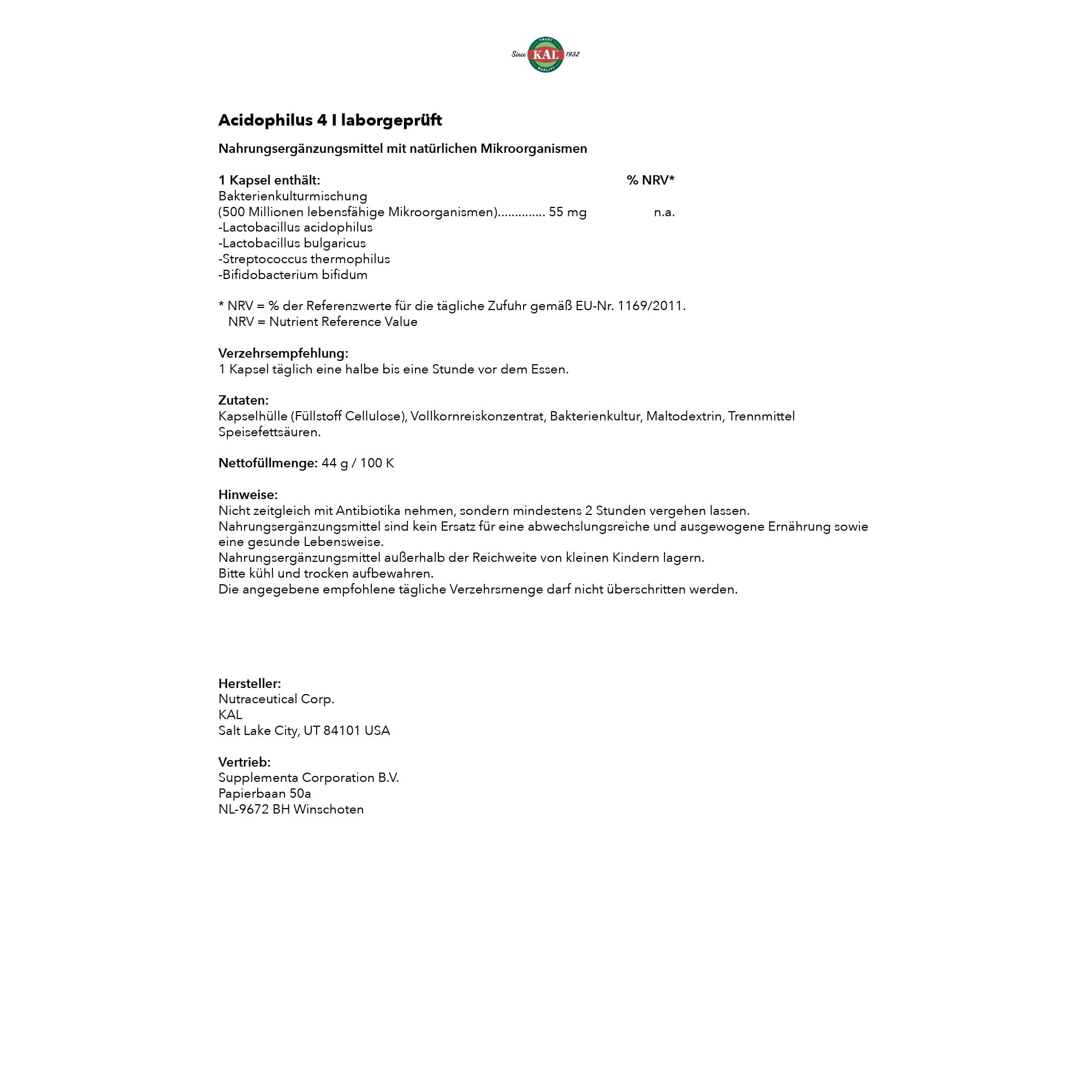 KAL Acidophilus ProBiotic-4: envase sostenible para consumo responsable.