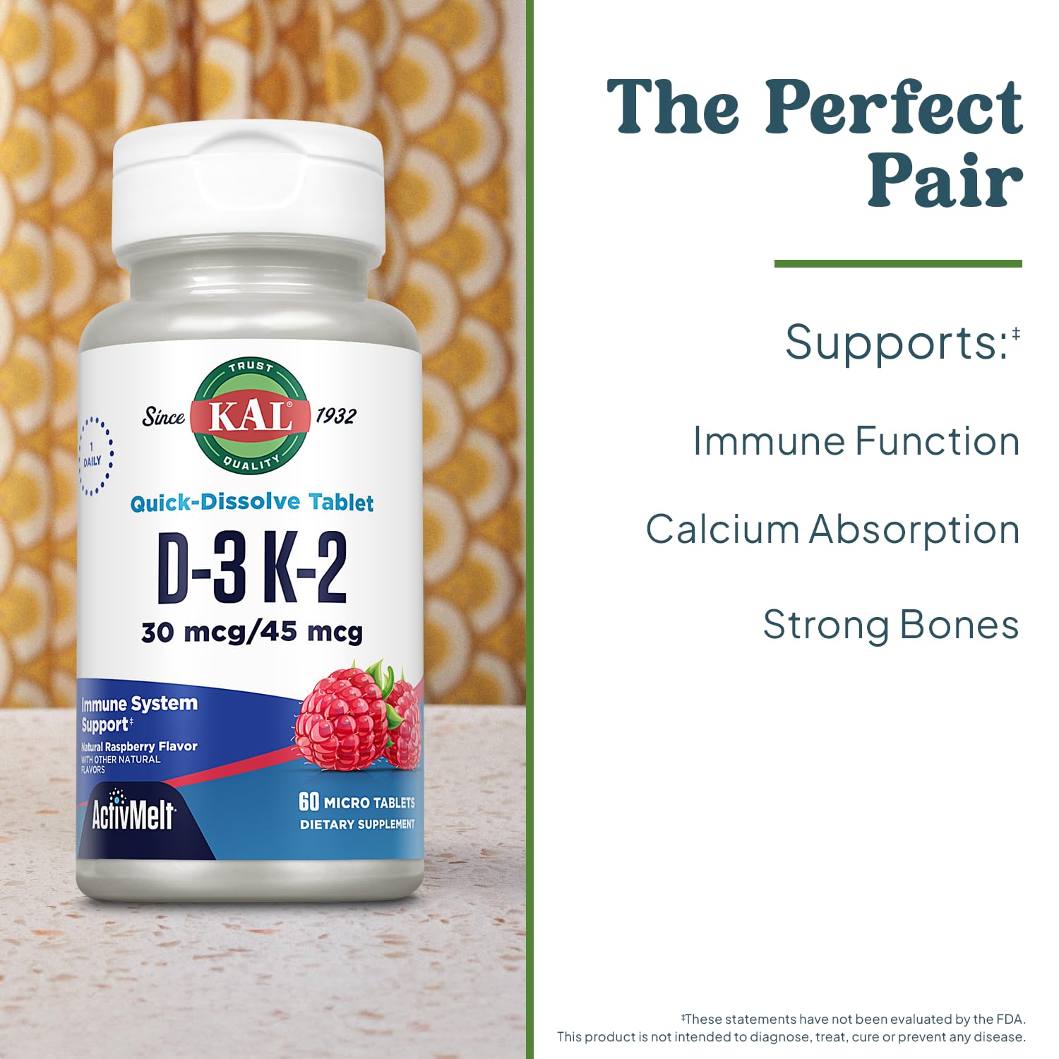 KAL ActivMelt D3 K2, frasco de 60 dosis para almacenamiento cómodo.