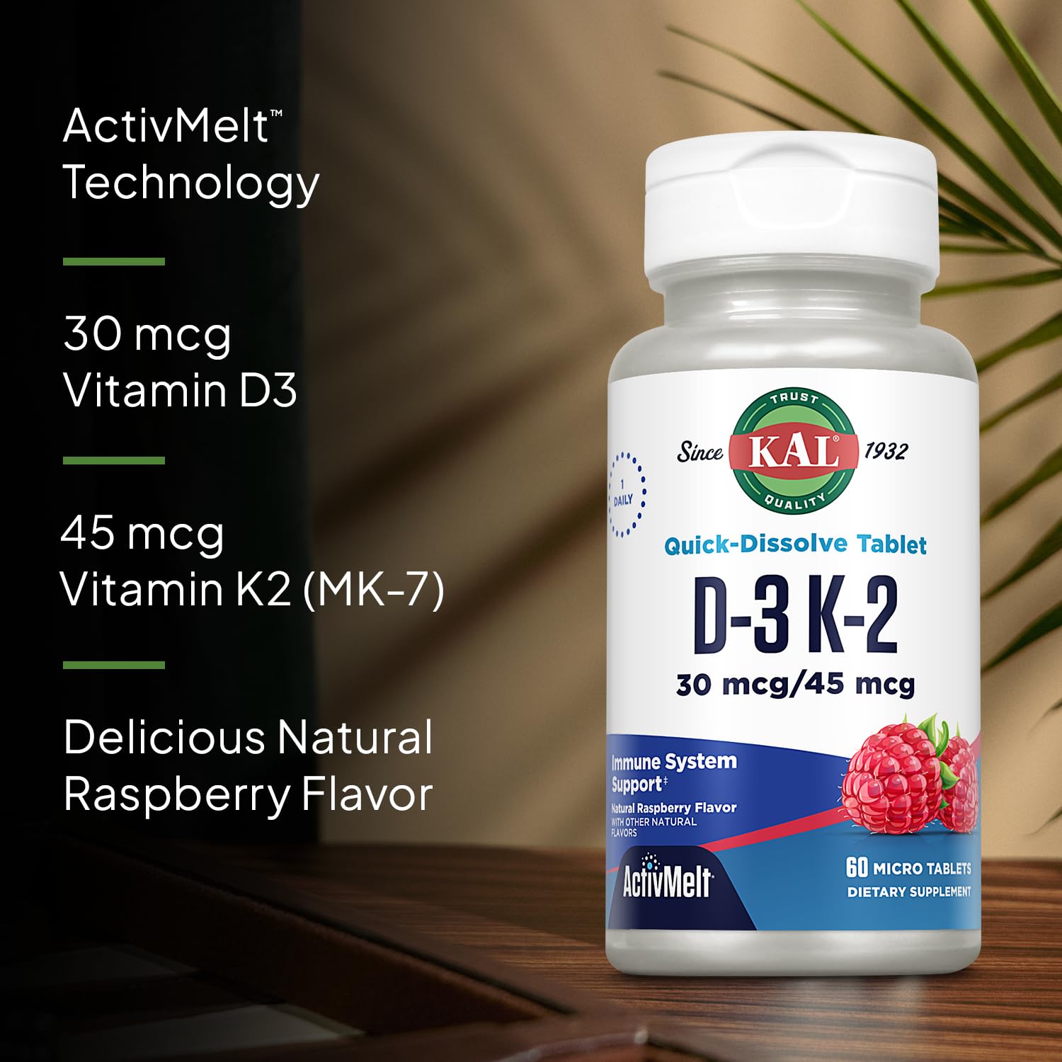 KAL ActivMelt D3 K2, detalle de sabor frambuesa que facilita su consumo.