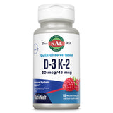 KAL ActivMelt D3 K2, vista frontal, tabletas sabor frambuesa para uso diario.