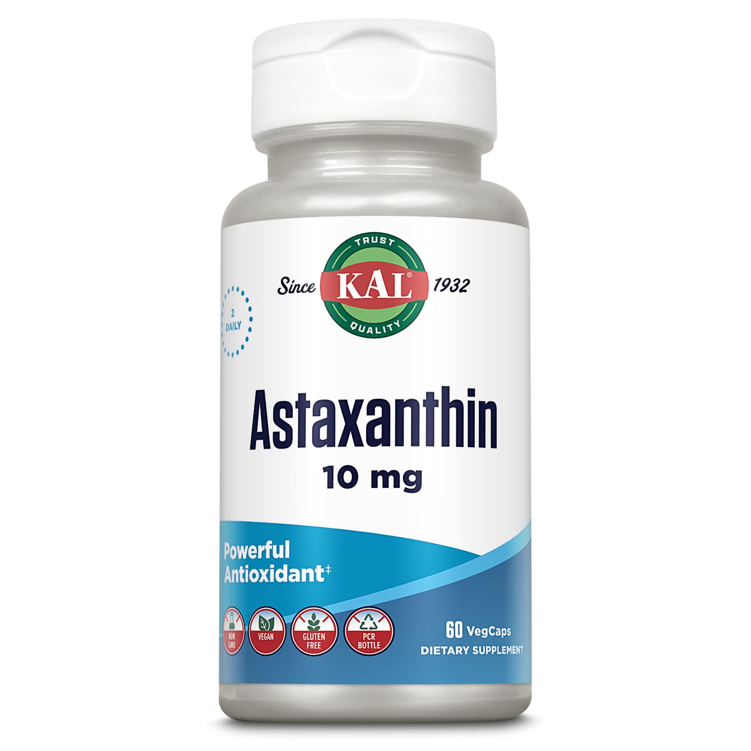 KAL Astaxantina 10 mg, botella frontal, apoyo a la salud ocular y cerebral