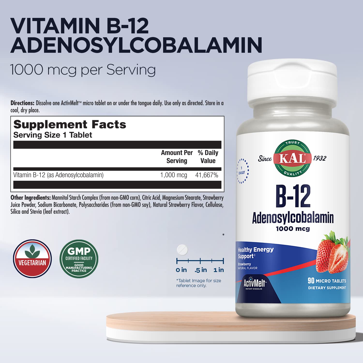 KAL B12 Adenosilcobalamina detalle tableta micro disolución con sabor fresa