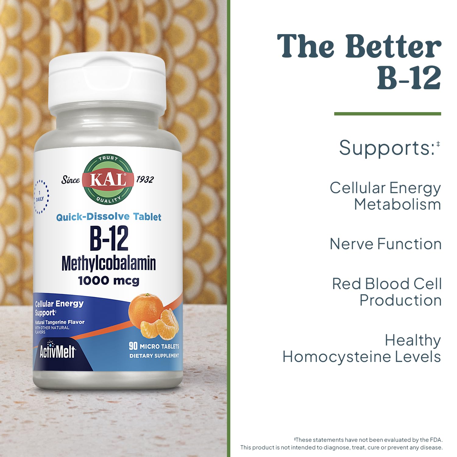 KAL B12 con sabor mandarina natural para consumo agradable.