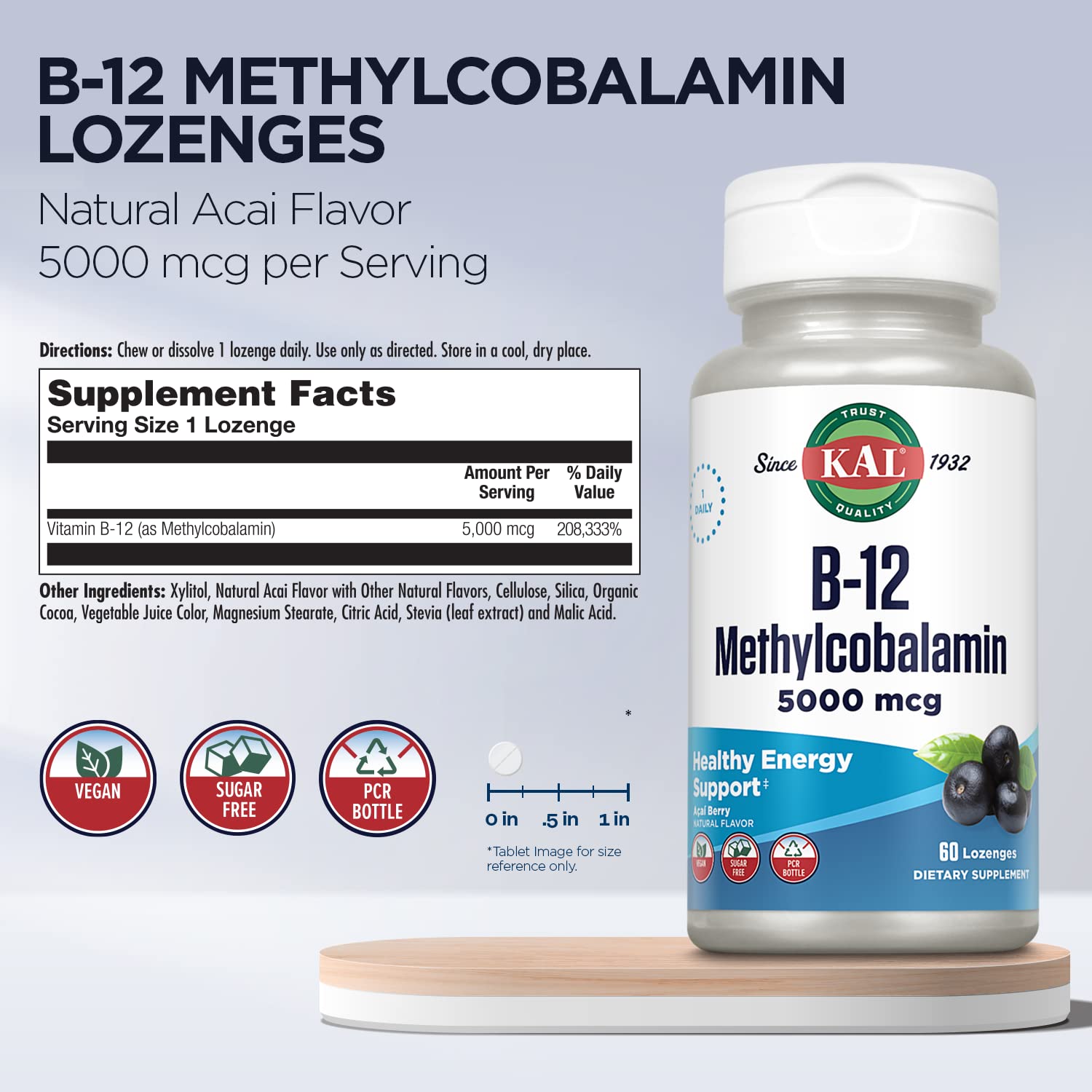 Kal B12 metilcobalamina opción vegetariana sin azúcar para metabolismo