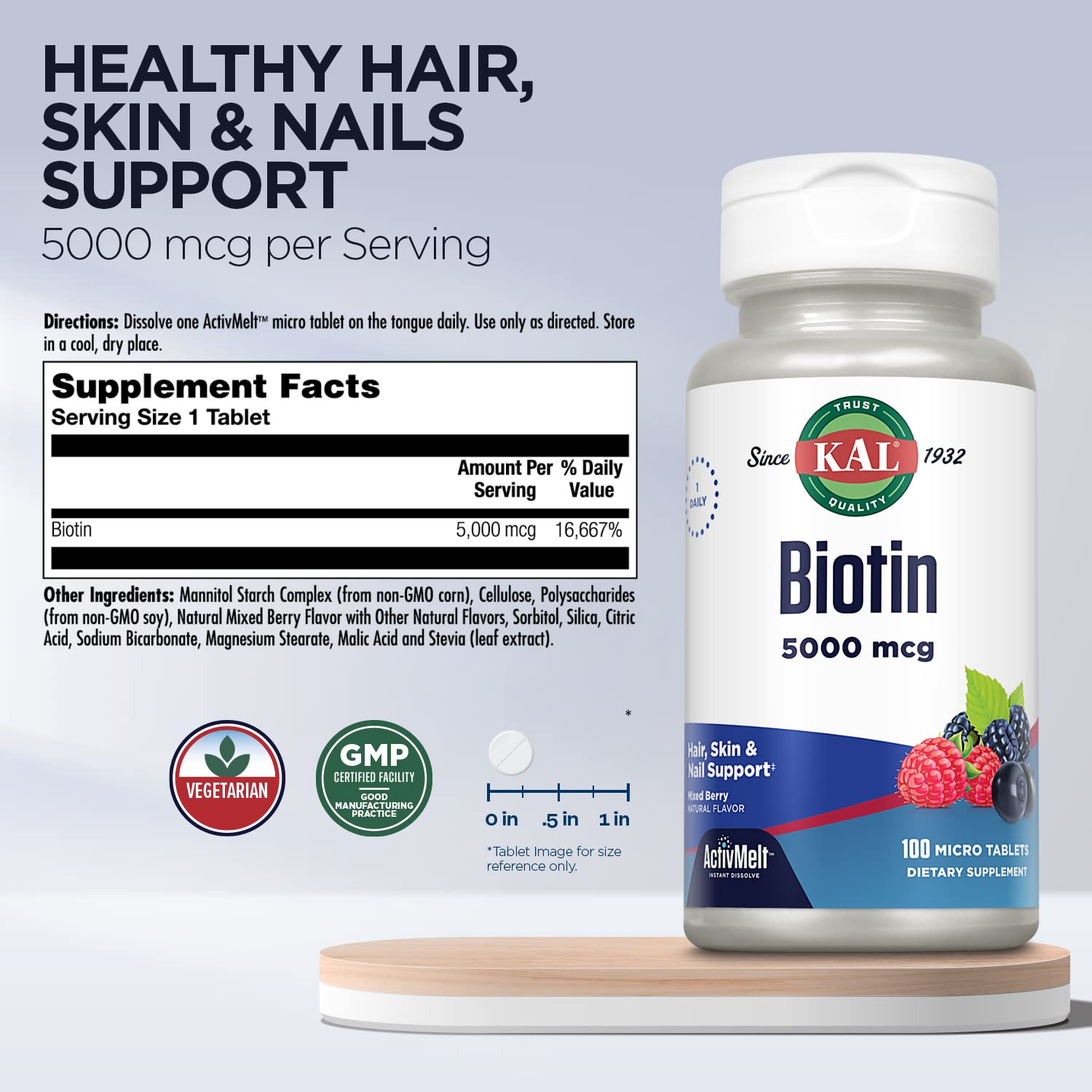 Envase de Kal Biotina 5000 mcg con 100 microtabletas sabor frutos rojos.