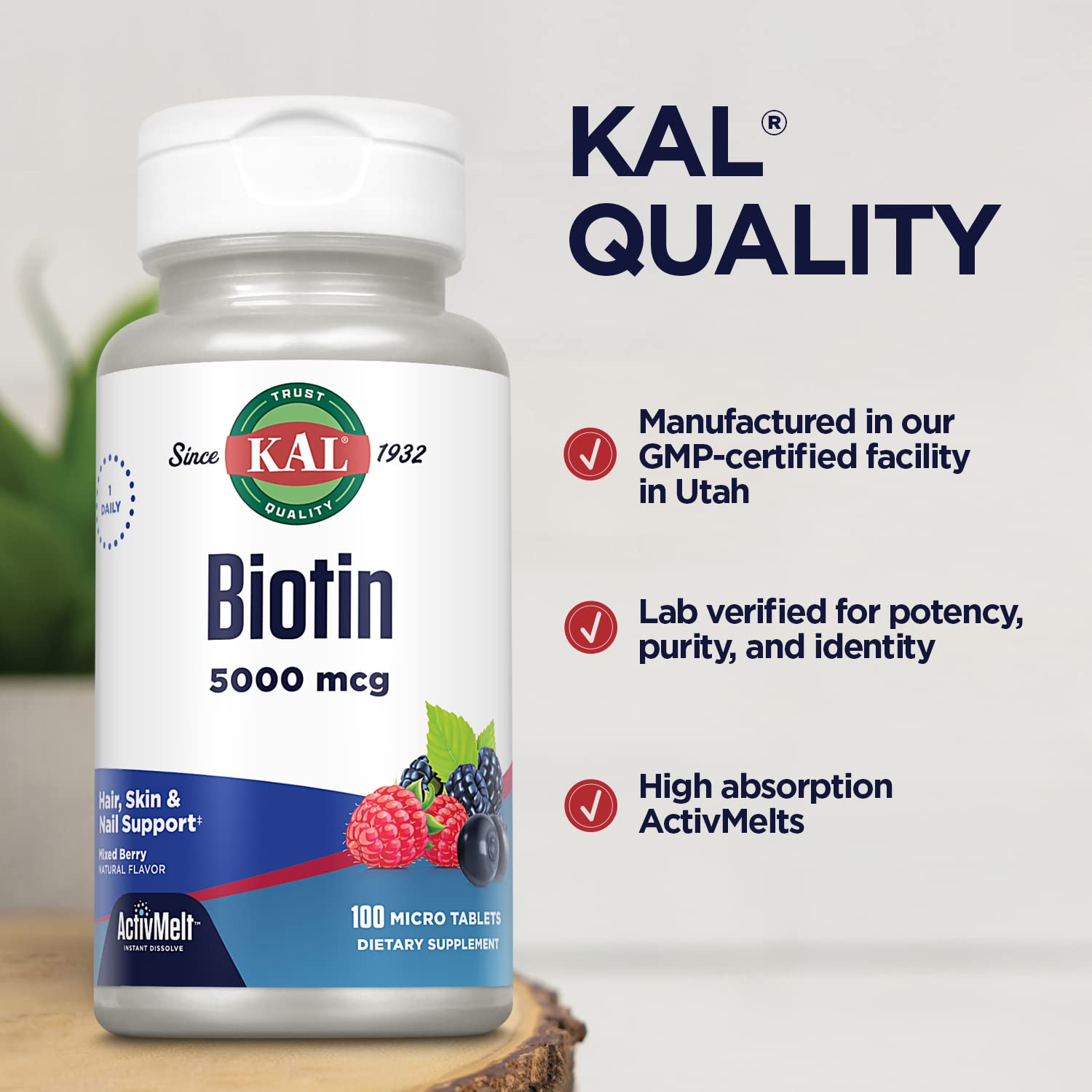Etiqueta del producto Kal Biotina 5000 mcg con sabor frutos rojos.