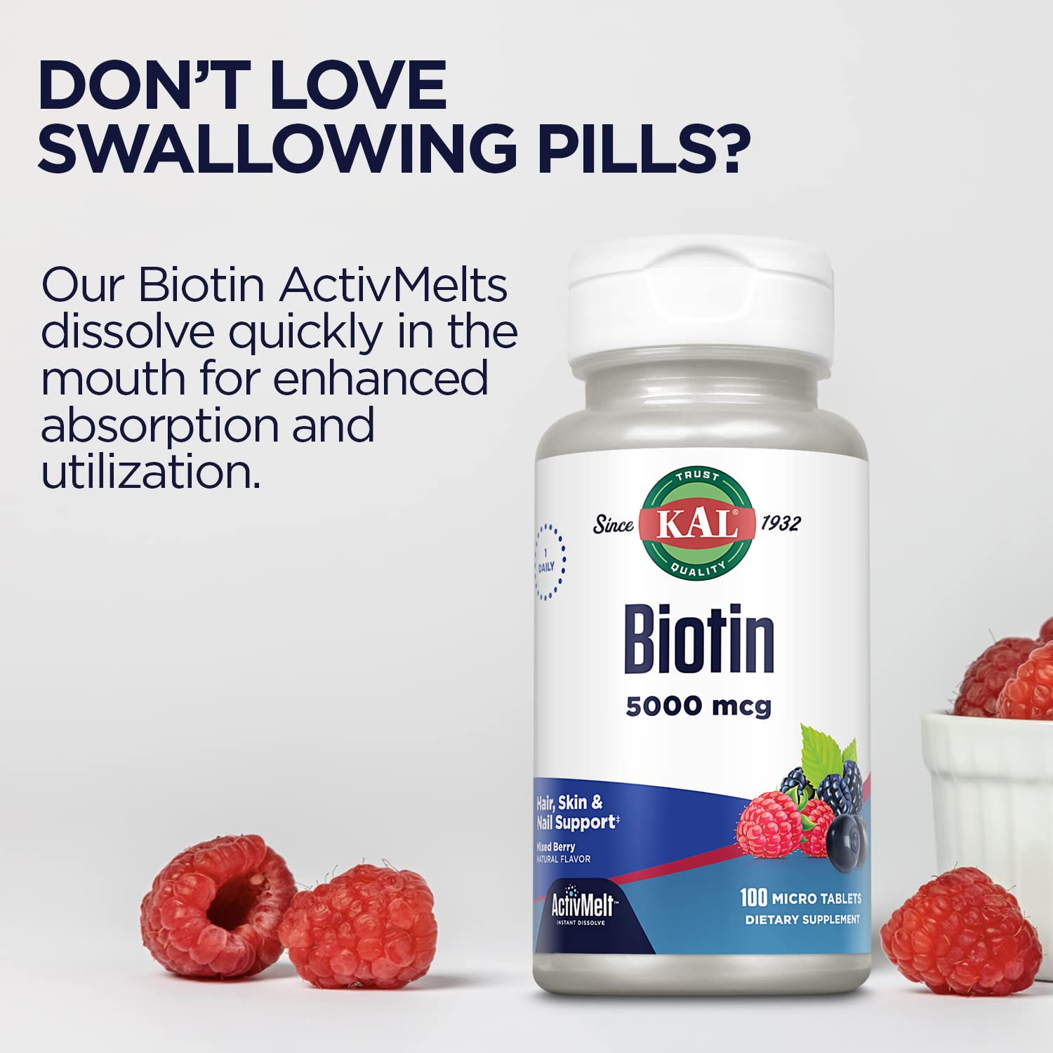 Tabletas en uso diario Kal Biotina 5000 mcg.