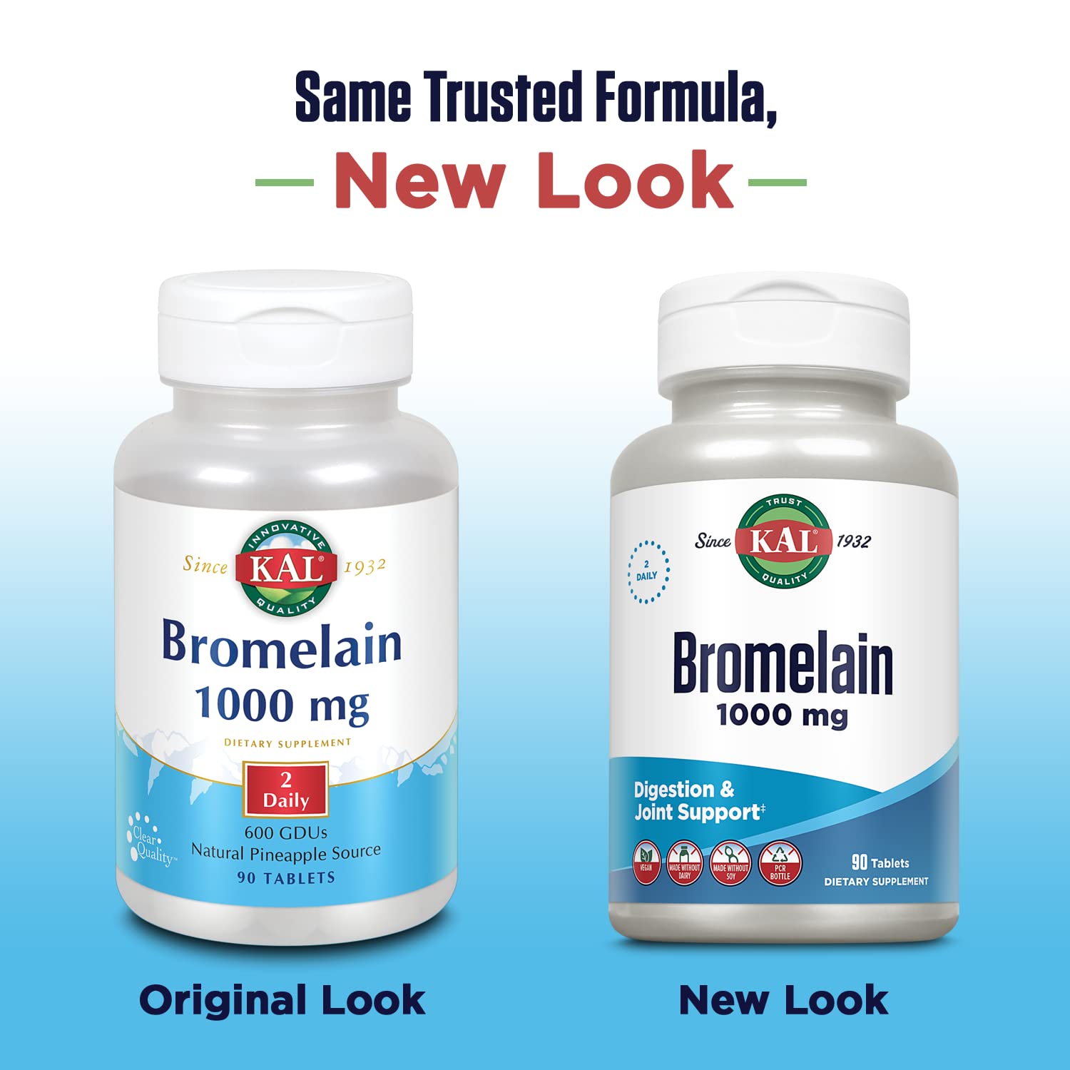Etiqueta frontal de Kal Bromelina 1000 mg con dosis clara.