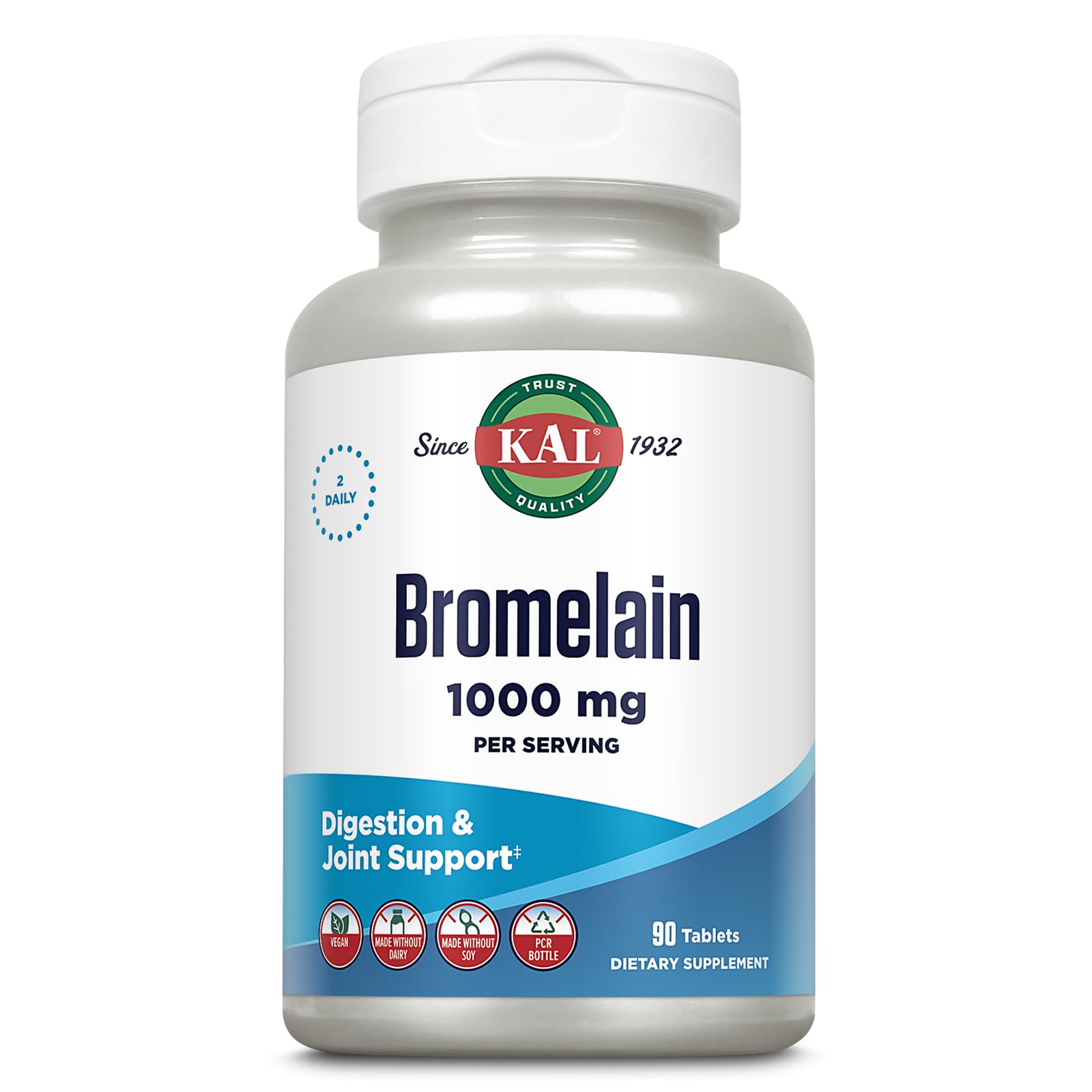 Kal Bromelina 1000 mg frasco con tabletas para uso diario.