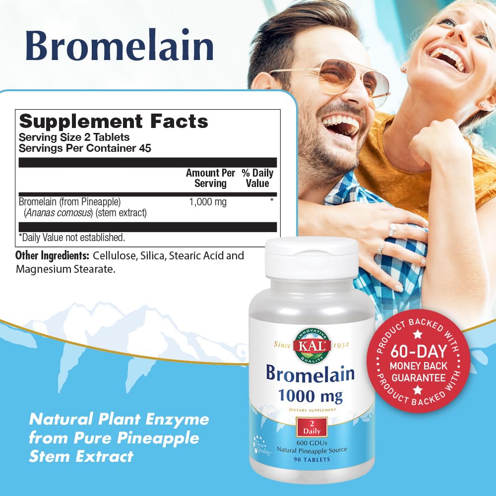 Tabletas Kal Bromelina 1000 mg listas para consumo diario.