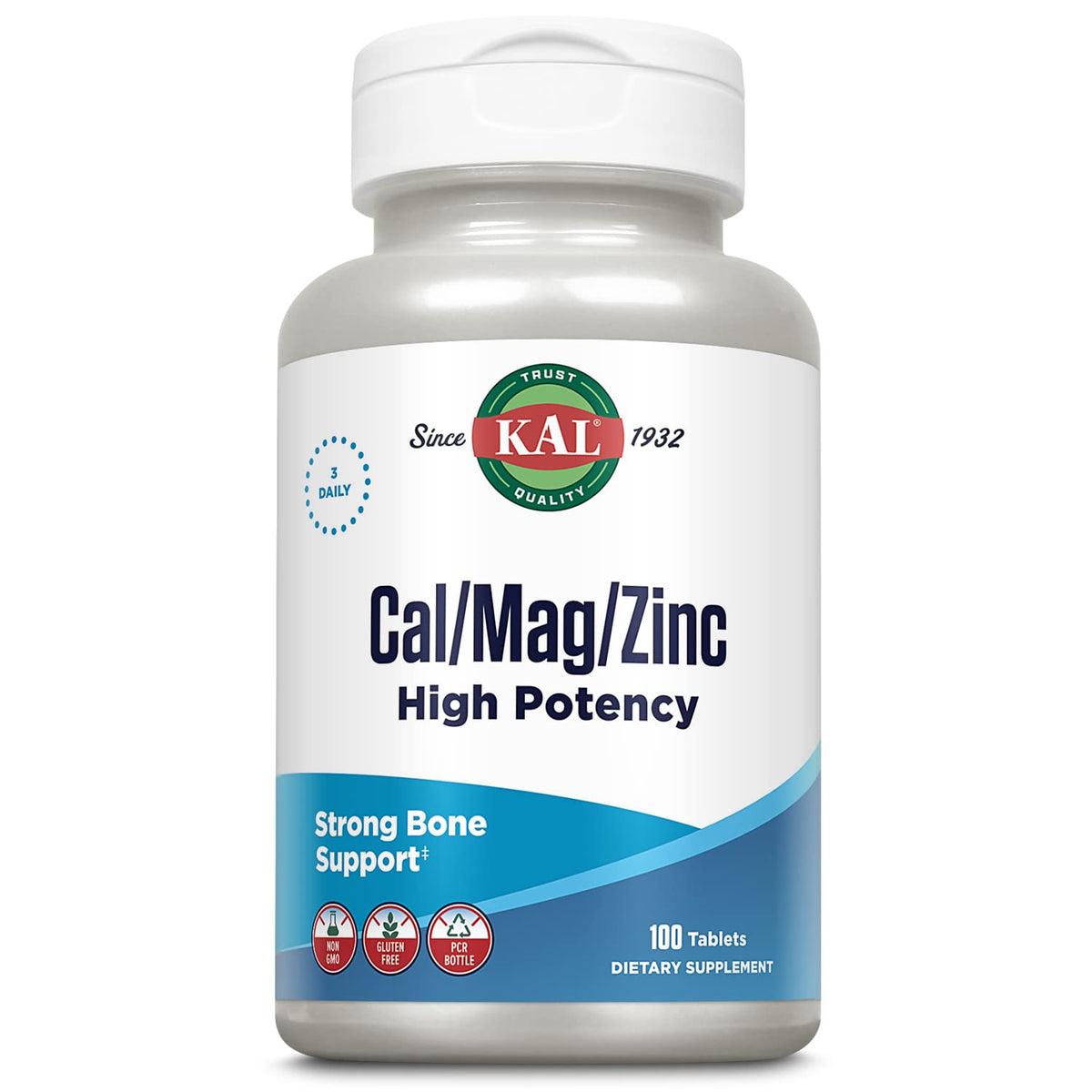 KAL Cal/Mag/Zinc: tabletas en botella, vertido para soporte óseo