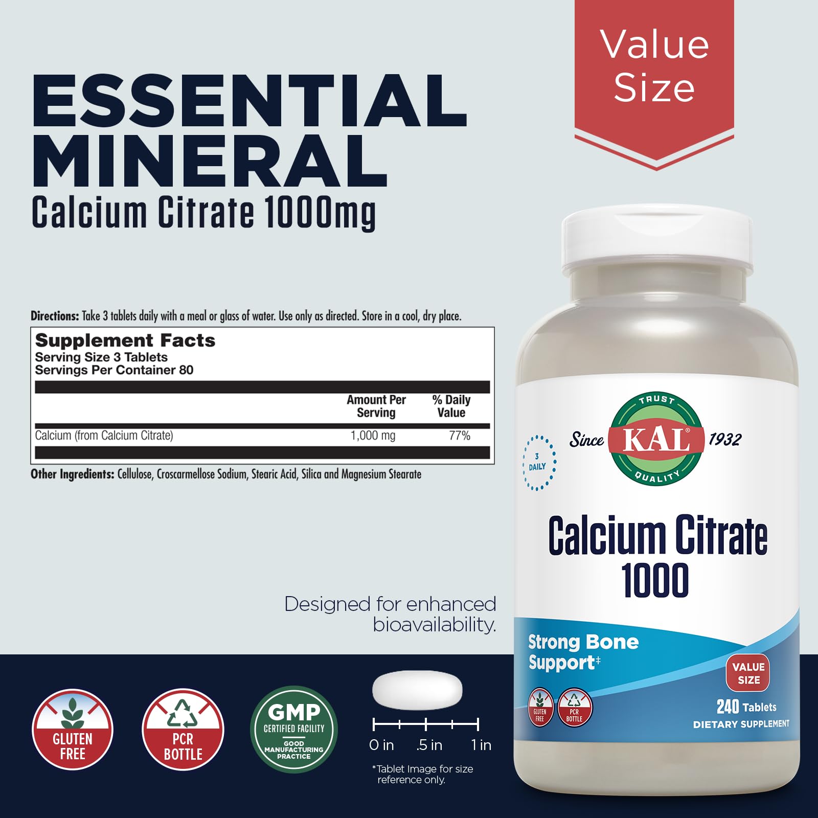 KAL Calcio Citrato 1000 mg, tabletas, absorción suave para estómago.