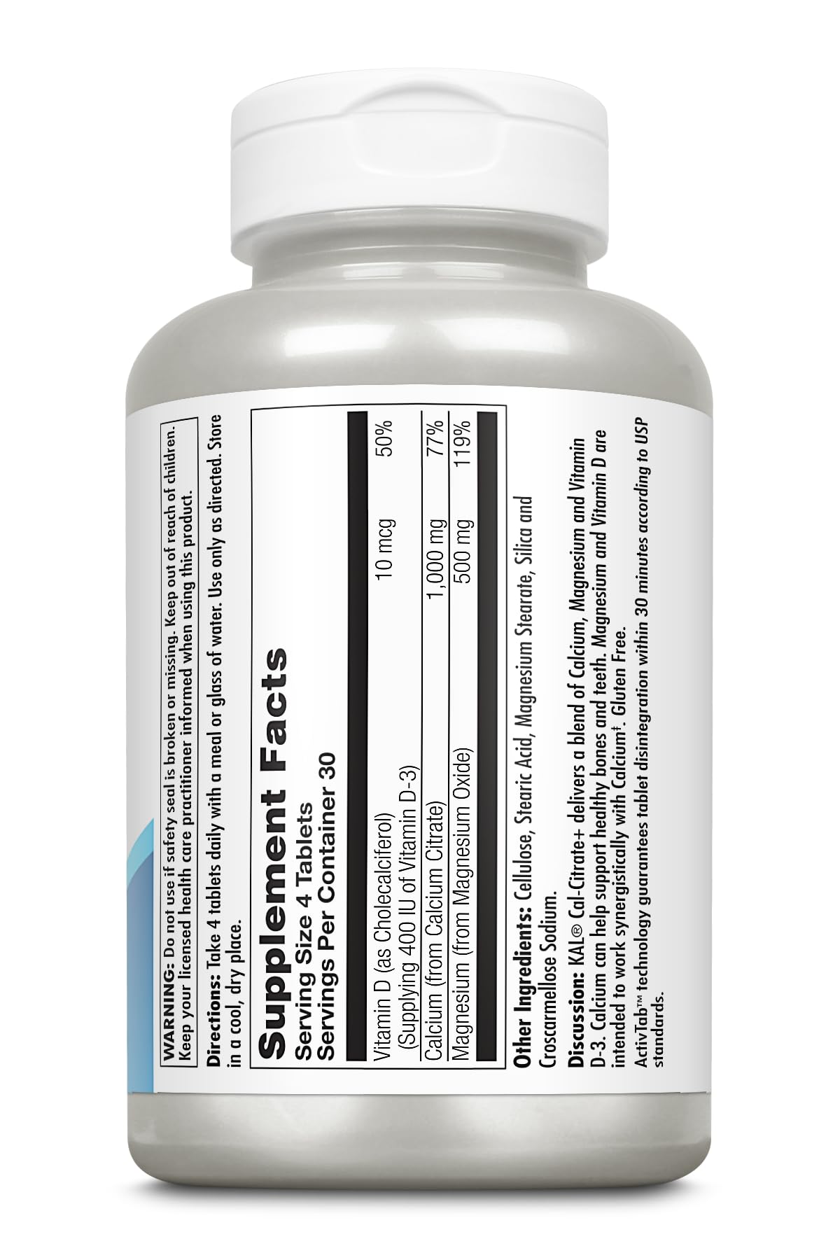 KAL calcio citrato con vitamina D y magnesio en envase práctico para huesos.