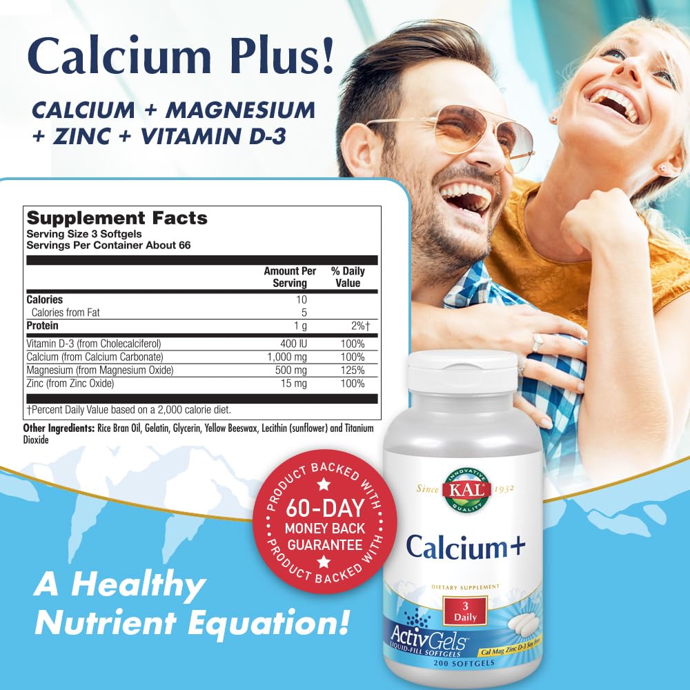 KAL Calcium Plus Cápsulas Blandas: etiqueta clara con información de ingredientes.