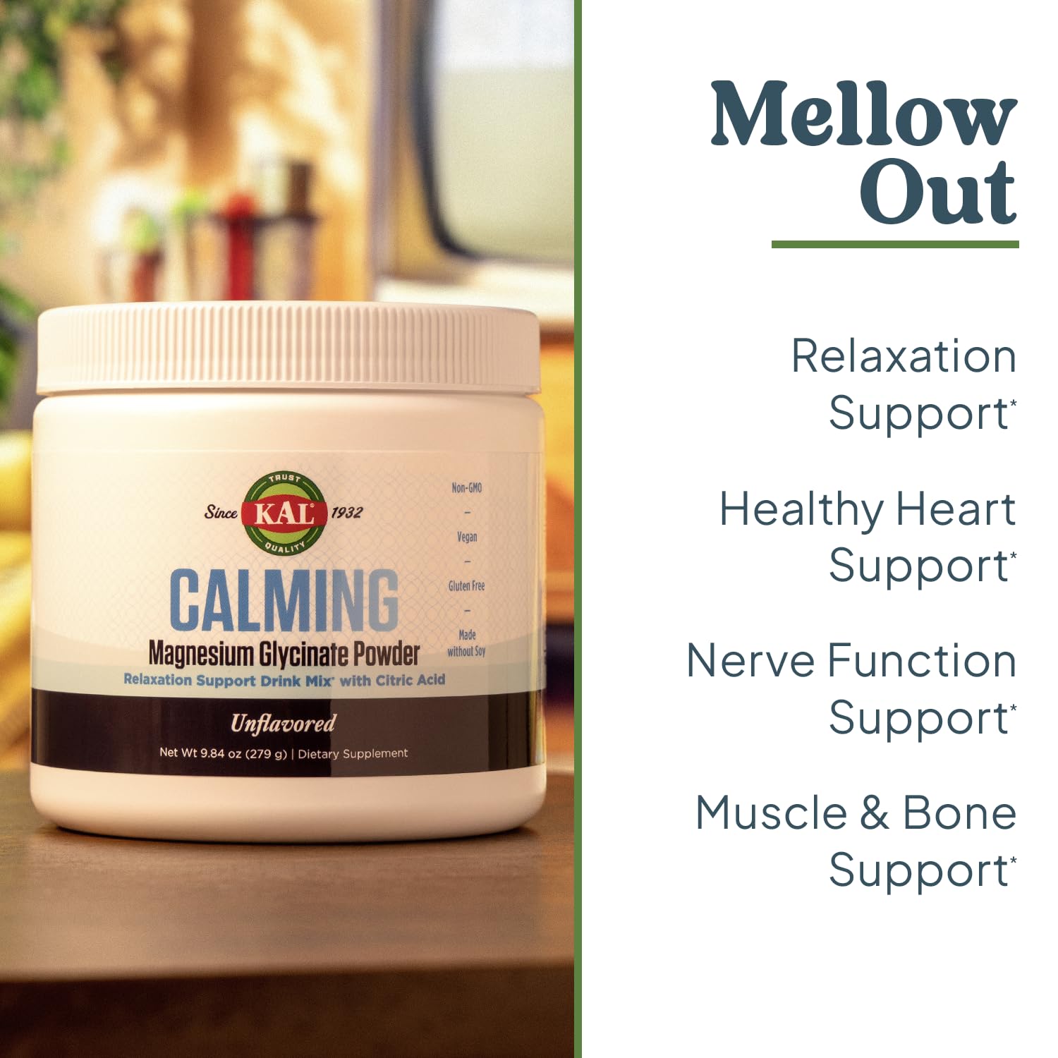 KAL Calming Magnesium Glycinate, vaso de bebida para relajación diaria.