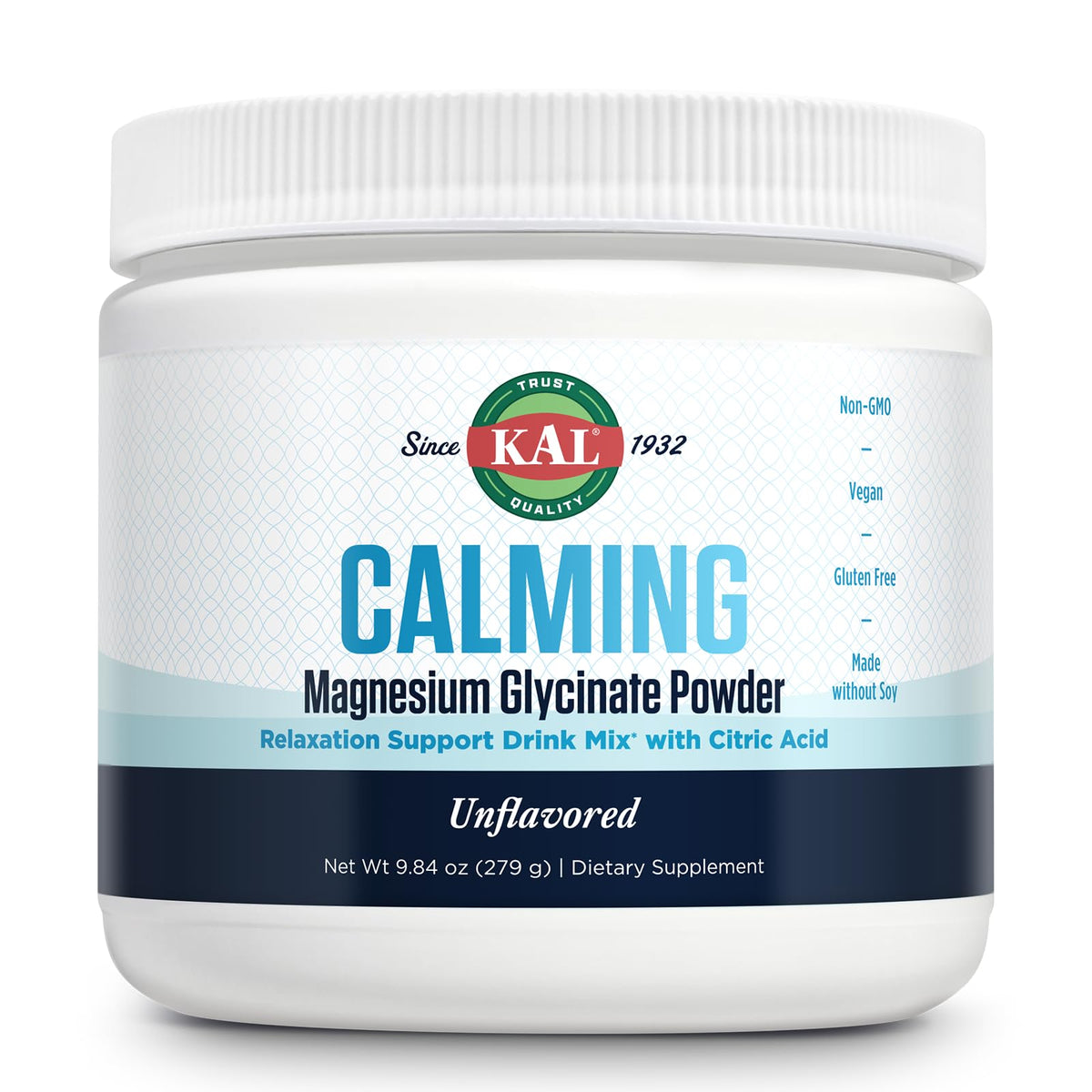 KAL Calming Magnesium Glycinate, polvo sin sabor para relajación diaria.