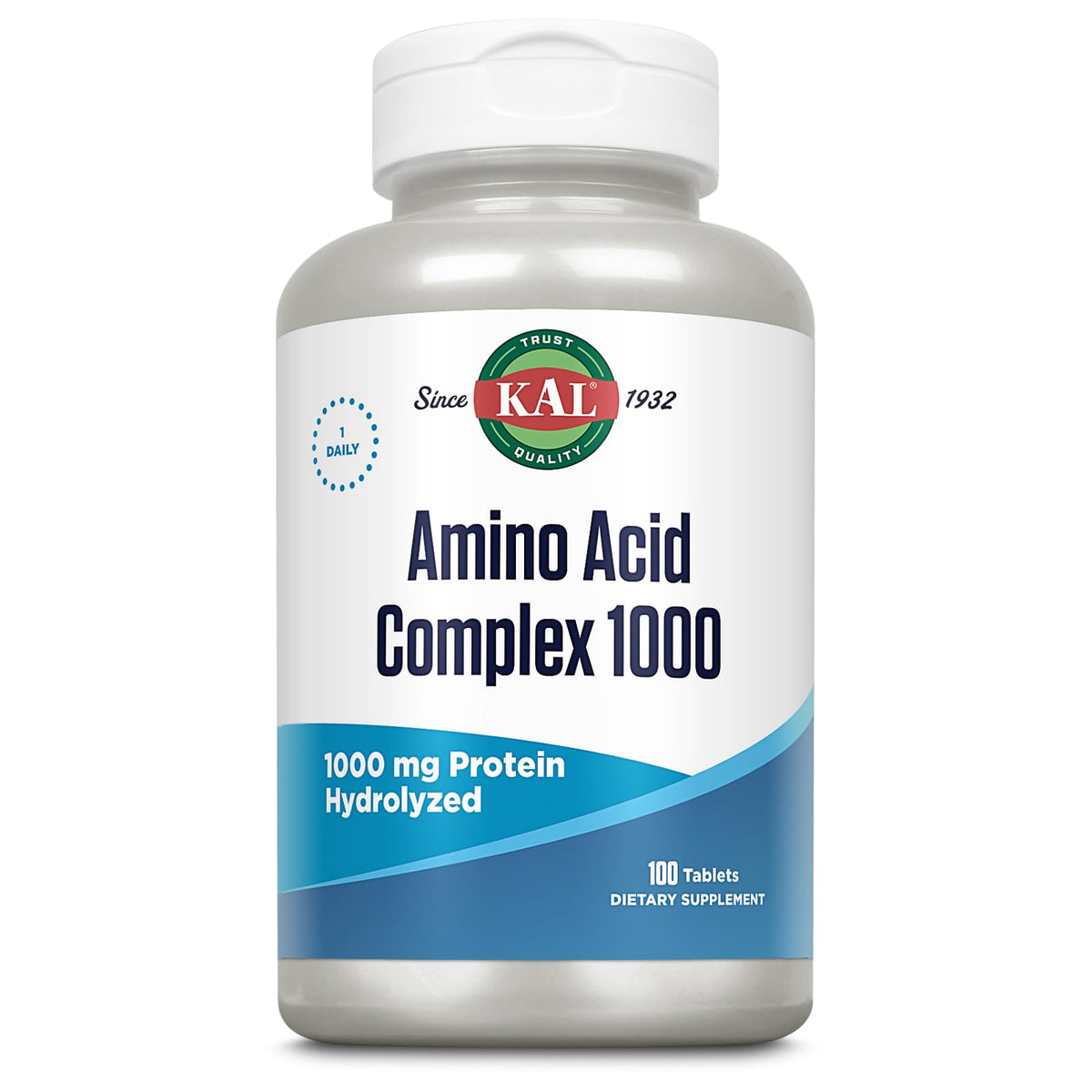 KAL aminoácidos complejos, botella de tabletas, apoyo a la recuperación muscular en uso diario.