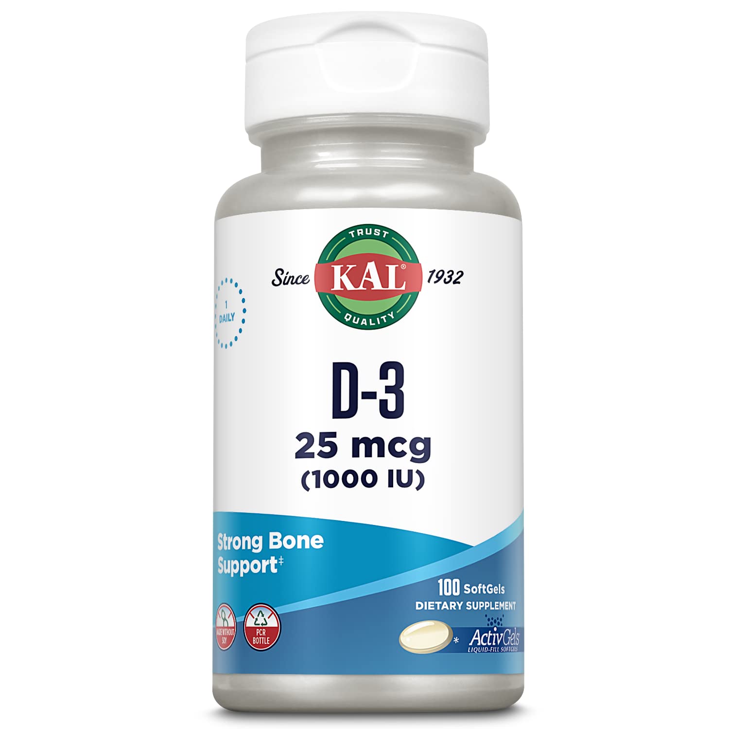 KAL Vitamina D3 1000 UI ActivGel, empaque práctico para uso diario que apoya la salud ósea