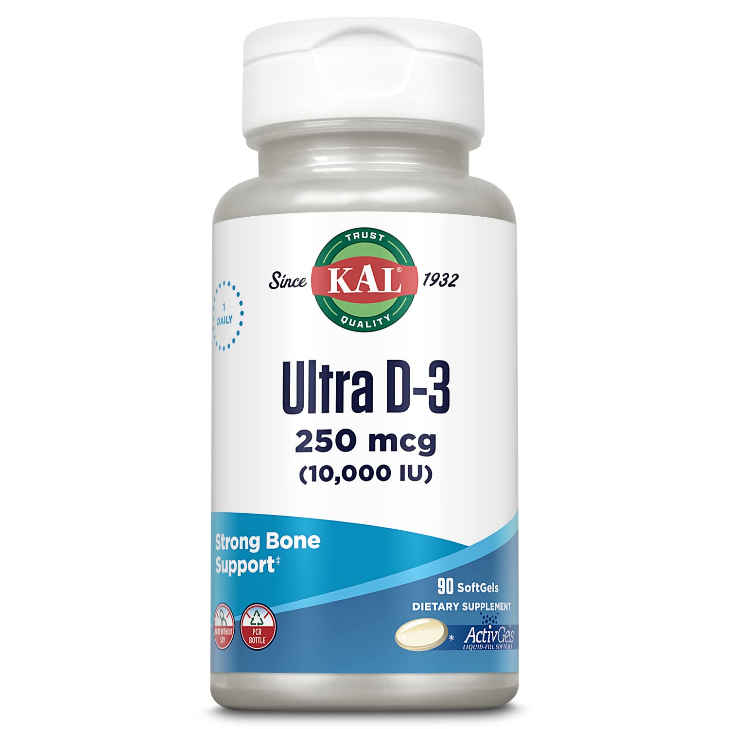 KAL D3: cápsulas suaves de alta potencia en la botella, apoyo diario.