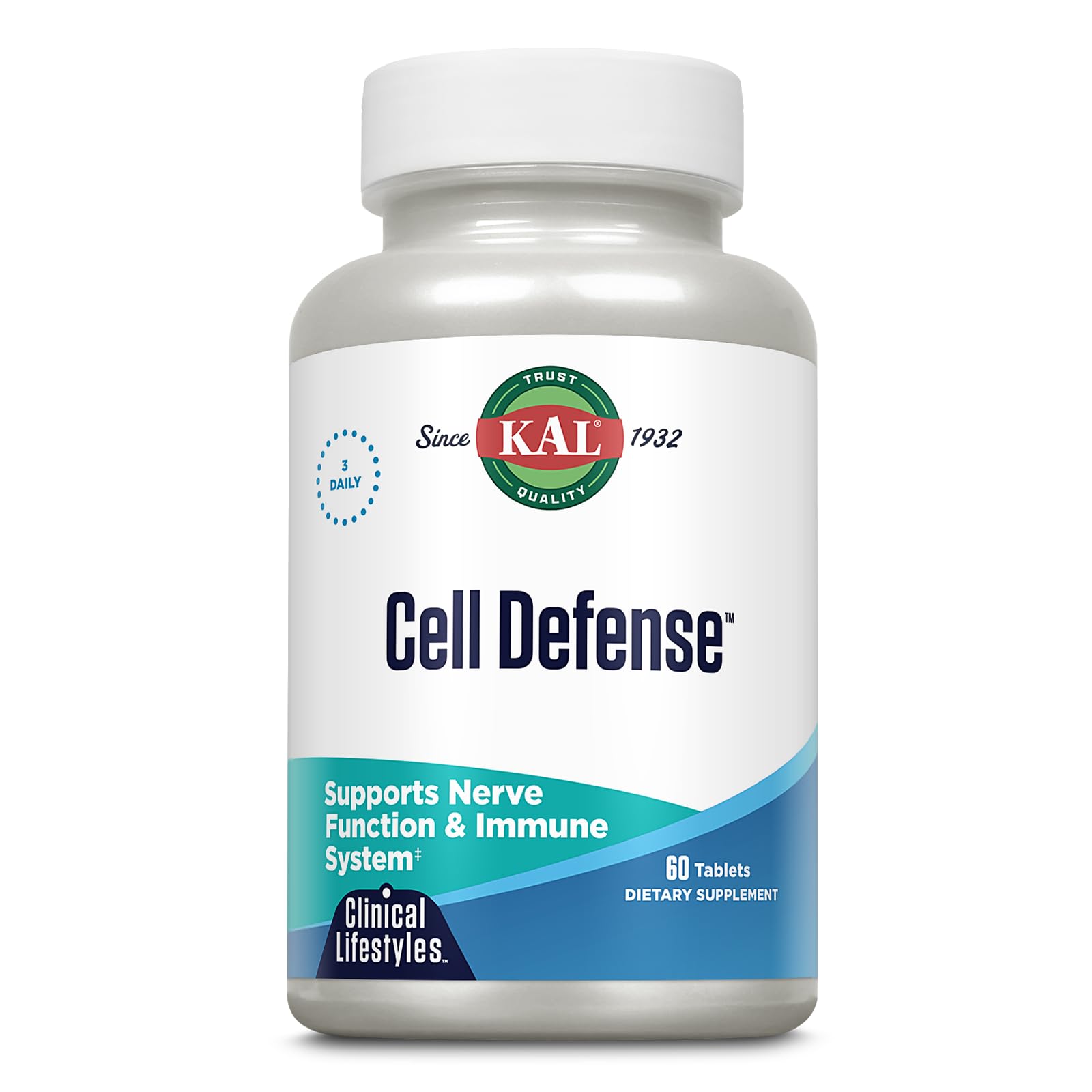 KAL Defensa Celular, botella de cápsulas, apoyo antioxidante diario.